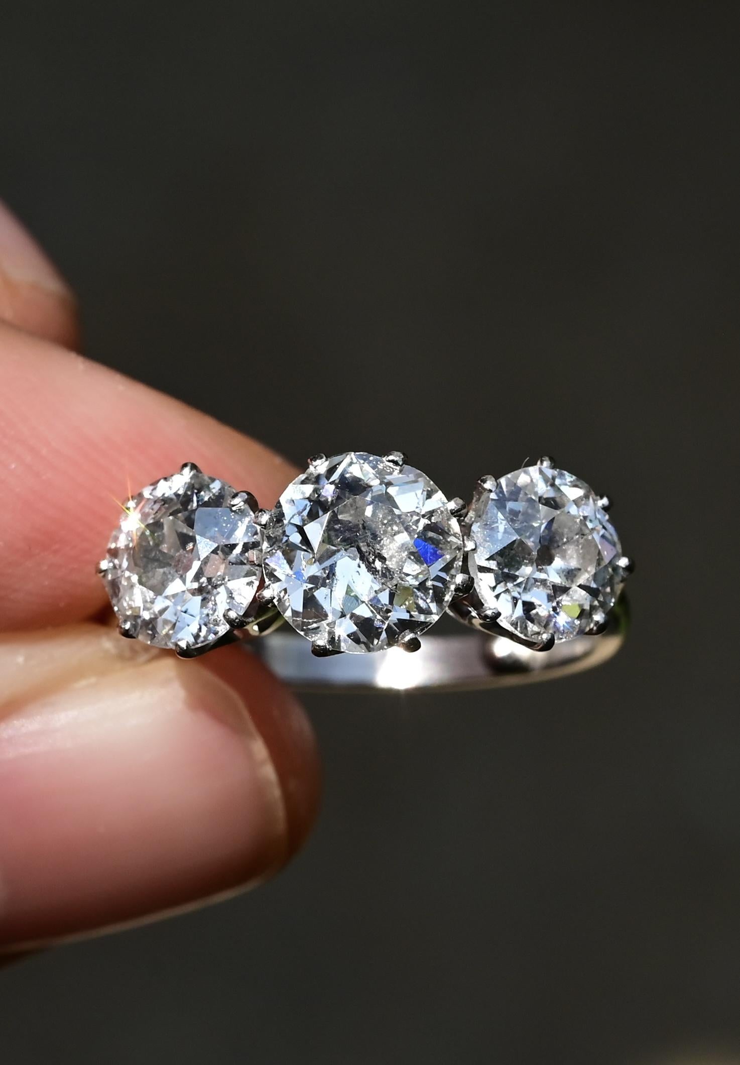 Art Deco 18K White Gold 3-Stone Ring – 3.00ct Old European Cut Diamonds Size 5