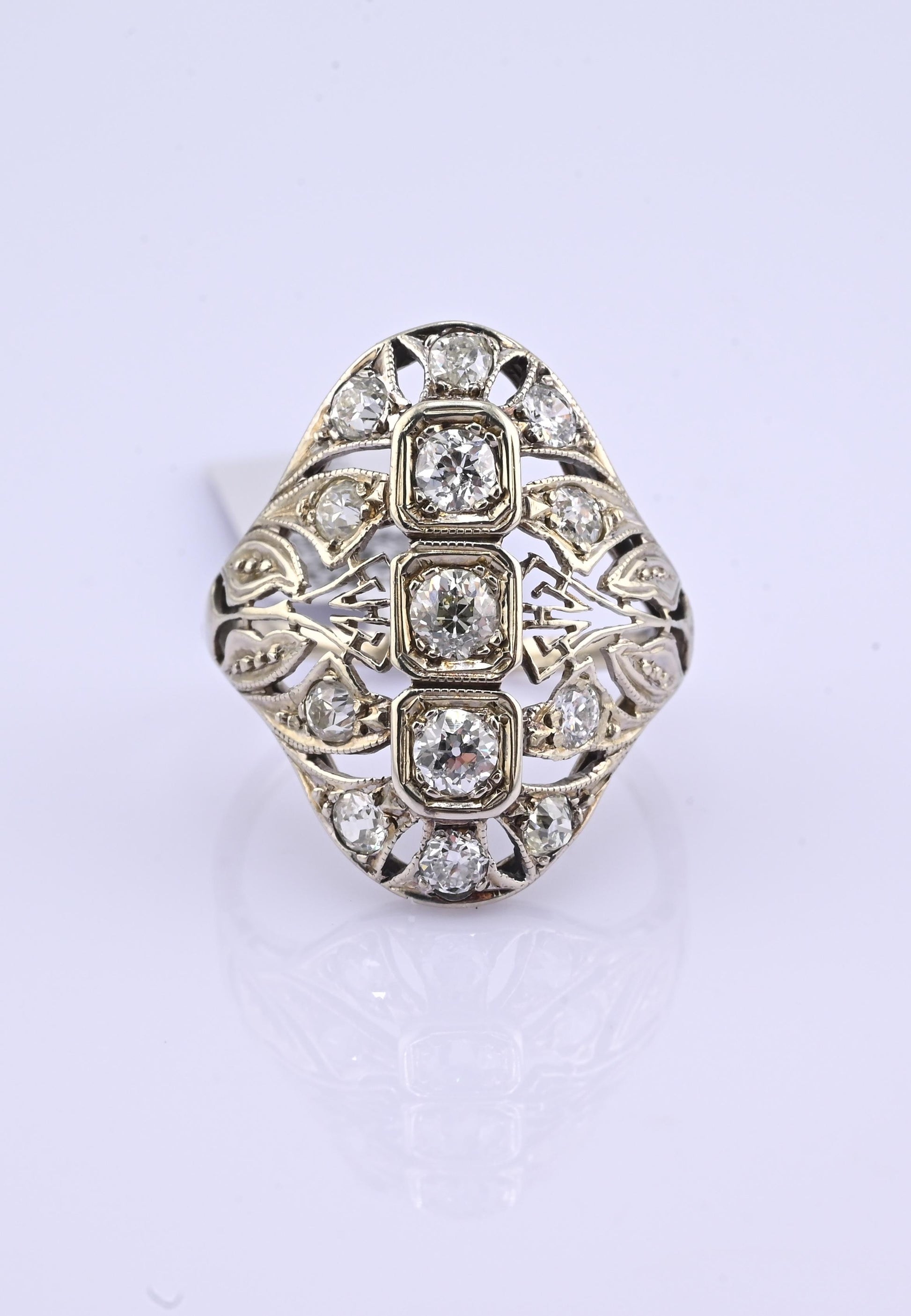 IGI Certified Art Deco 14K White Gold Old Euro & Swiss Cut Diamond Ring 1.05 Ct