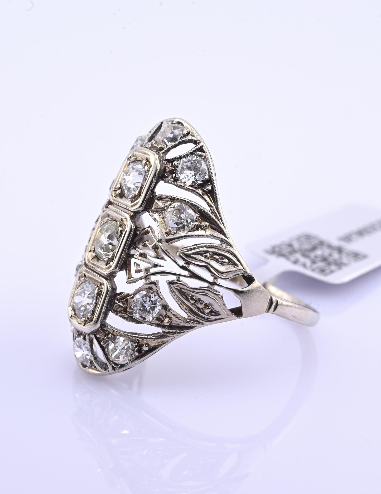IGI Certified Art Deco 14K White Gold Old Euro & Swiss Cut Diamond Ring 1.05 Ct