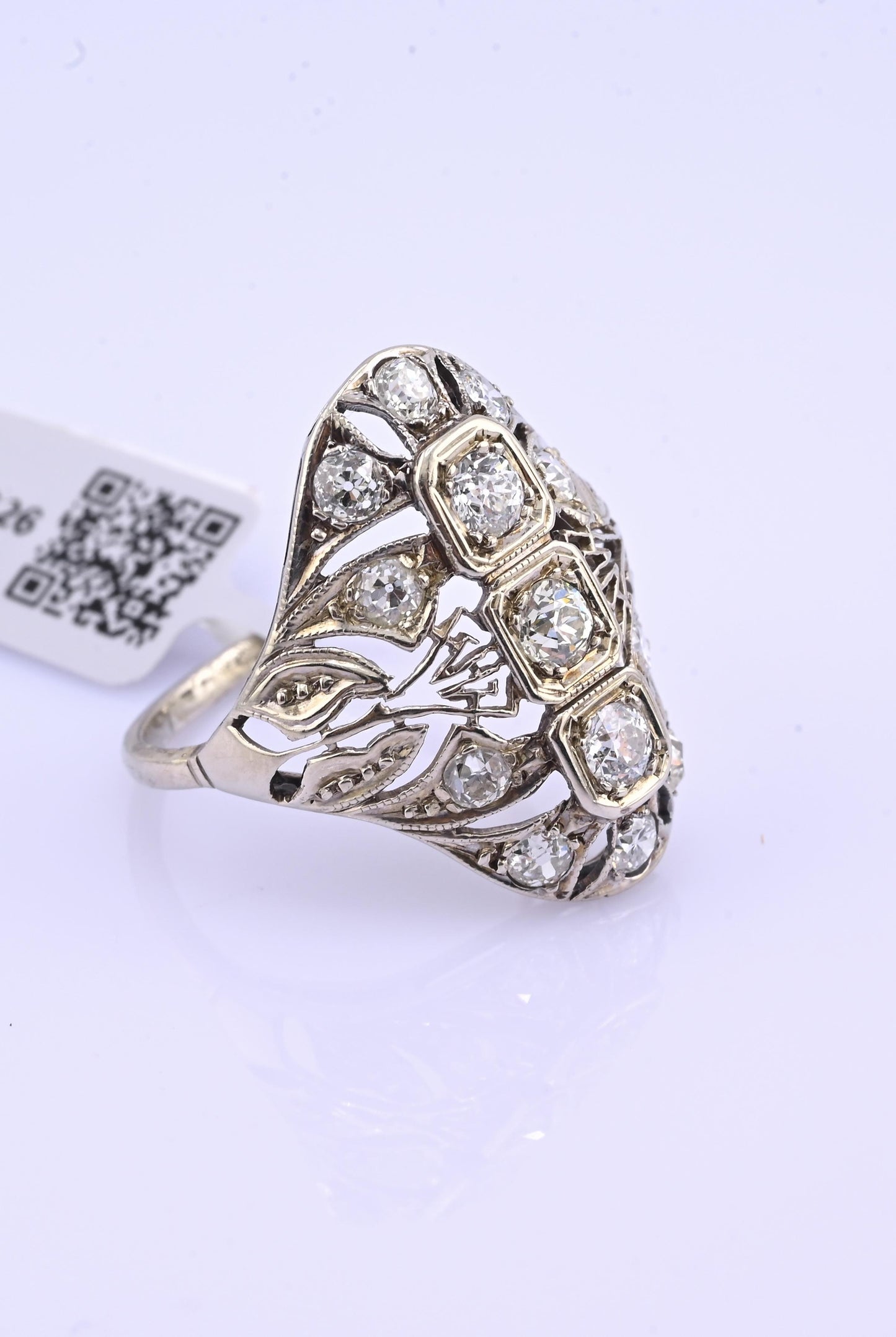 IGI Certified Art Deco 14K White Gold Old Euro & Swiss Cut Diamond Ring 1.05 Ct