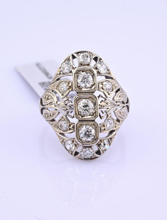 IGI Certified Art Deco 14K White Gold Old Euro & Swiss Cut Diamond Ring 1.05 Ct