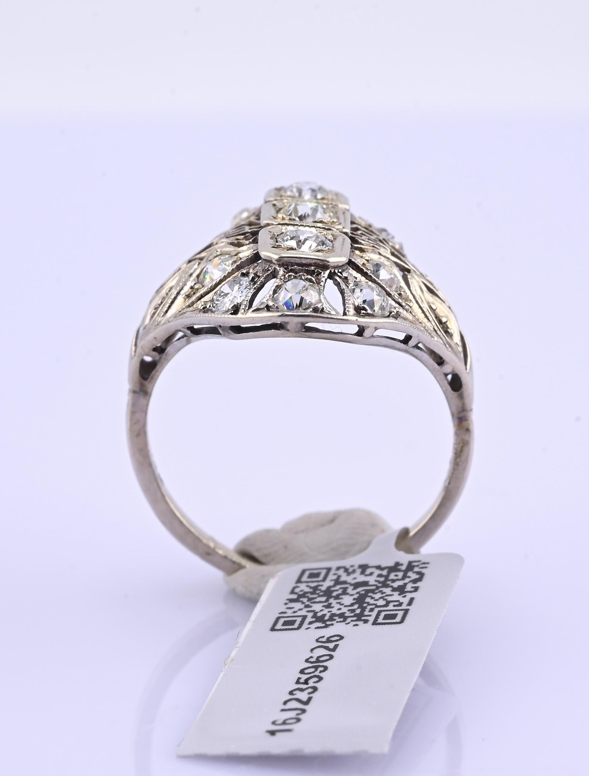 IGI Certified Art Deco 14K White Gold Old Euro & Swiss Cut Diamond Ring 1.05 Ct