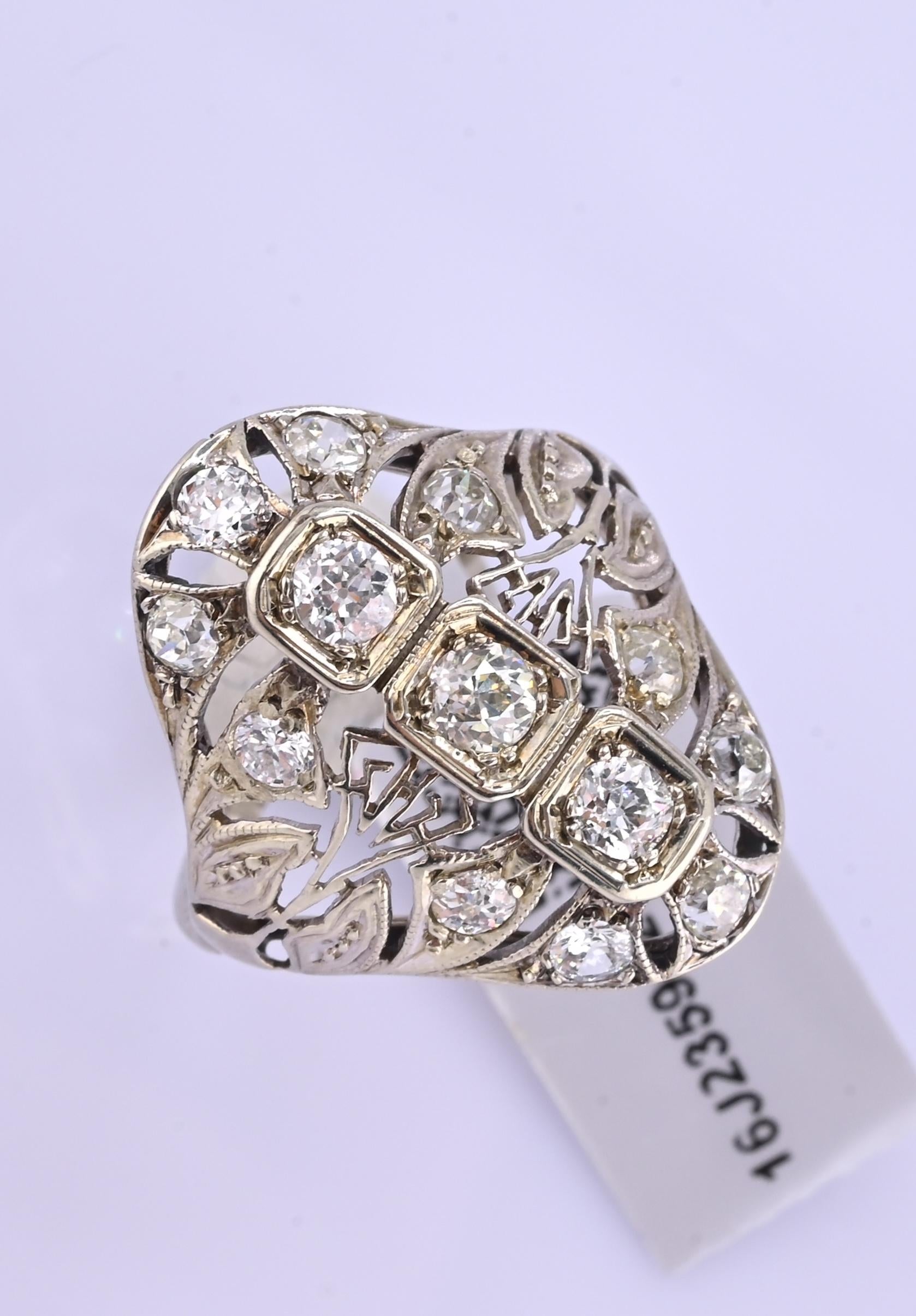 IGI Certified Art Deco 14K White Gold Old Euro & Swiss Cut Diamond Ring 1.05 Ct
