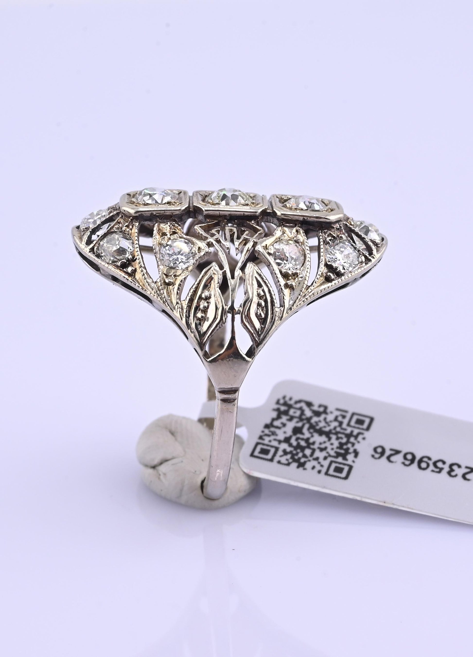 IGI Certified Art Deco 14K White Gold Old Euro & Swiss Cut Diamond Ring 1.05 Ct