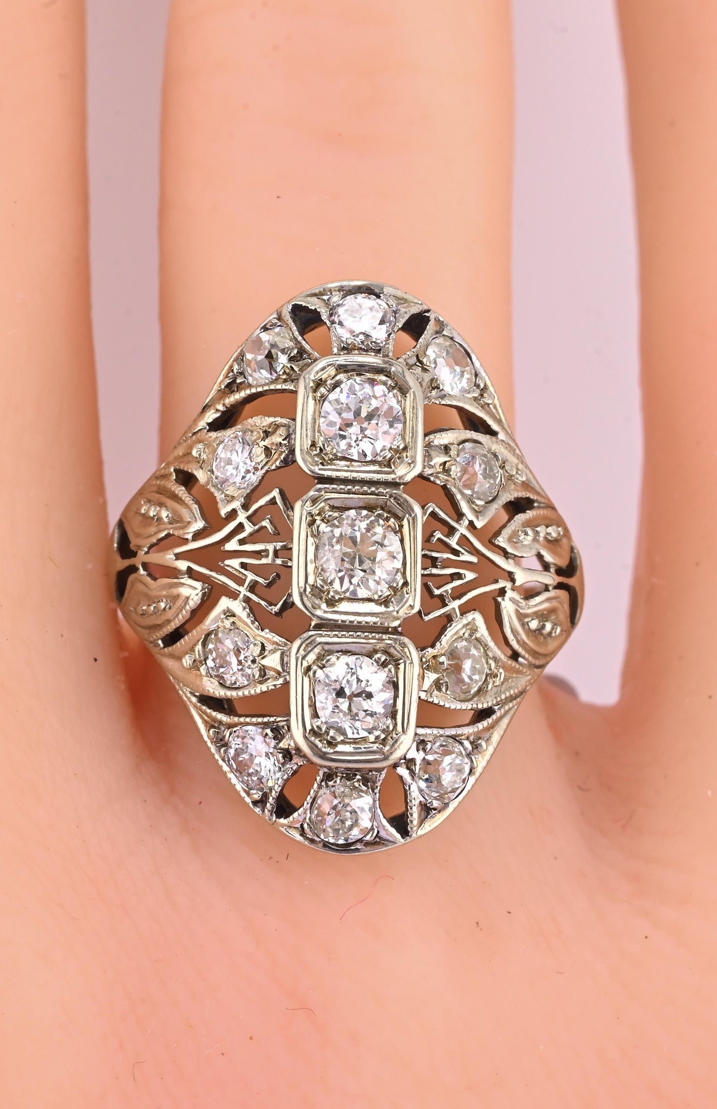 IGI Certified Art Deco 14K White Gold Old Euro & Swiss Cut Diamond Ring 1.05 Ct