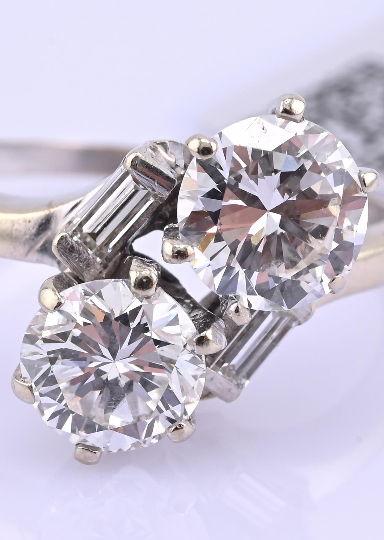 IGI Certified 14K White Gold Toi et Moi Natural Diamond Ring 1.65 CTW Size 5.25