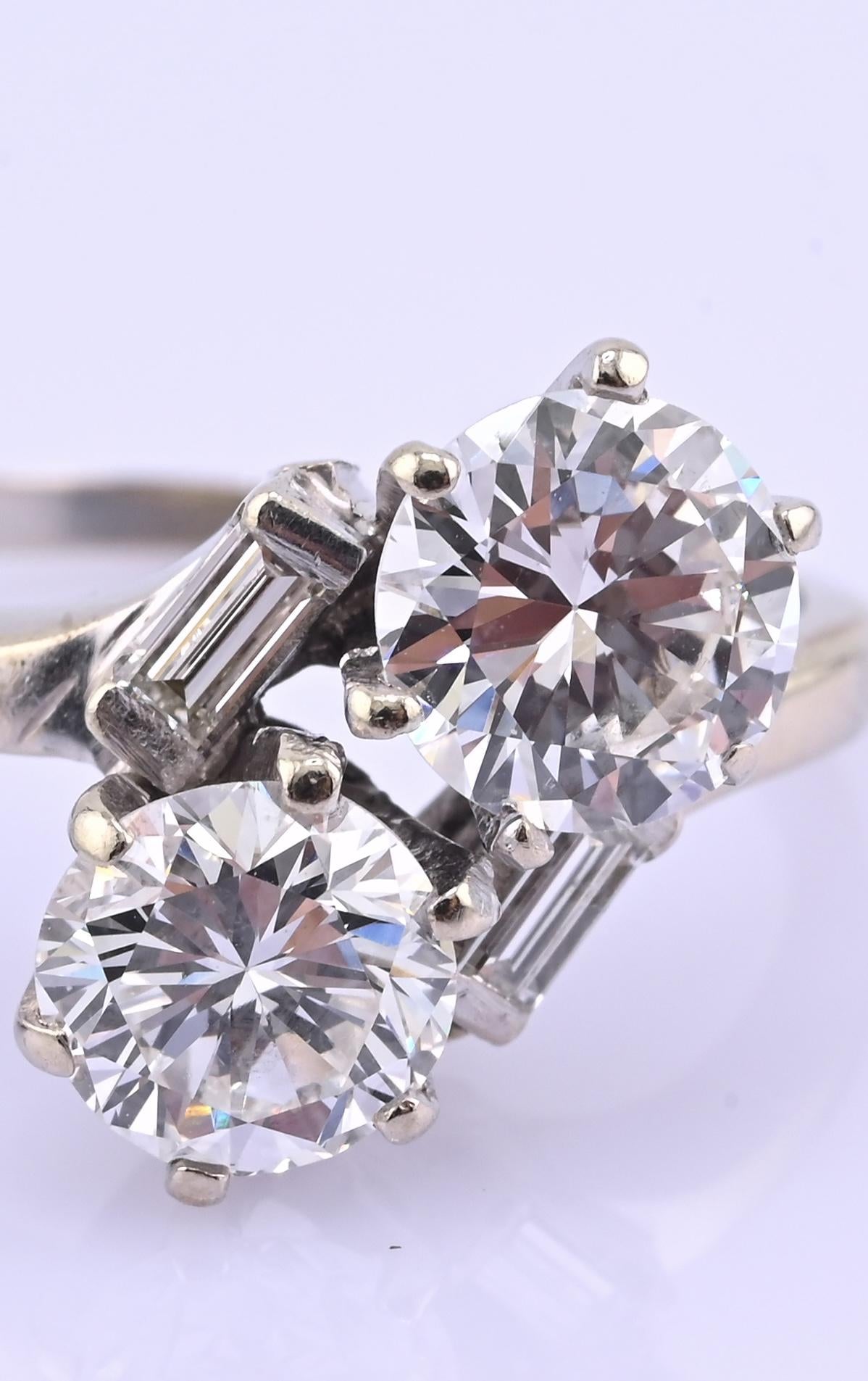 IGI Certified 14K White Gold Toi et Moi Natural Diamond Ring 1.65 CTW Size 5.25