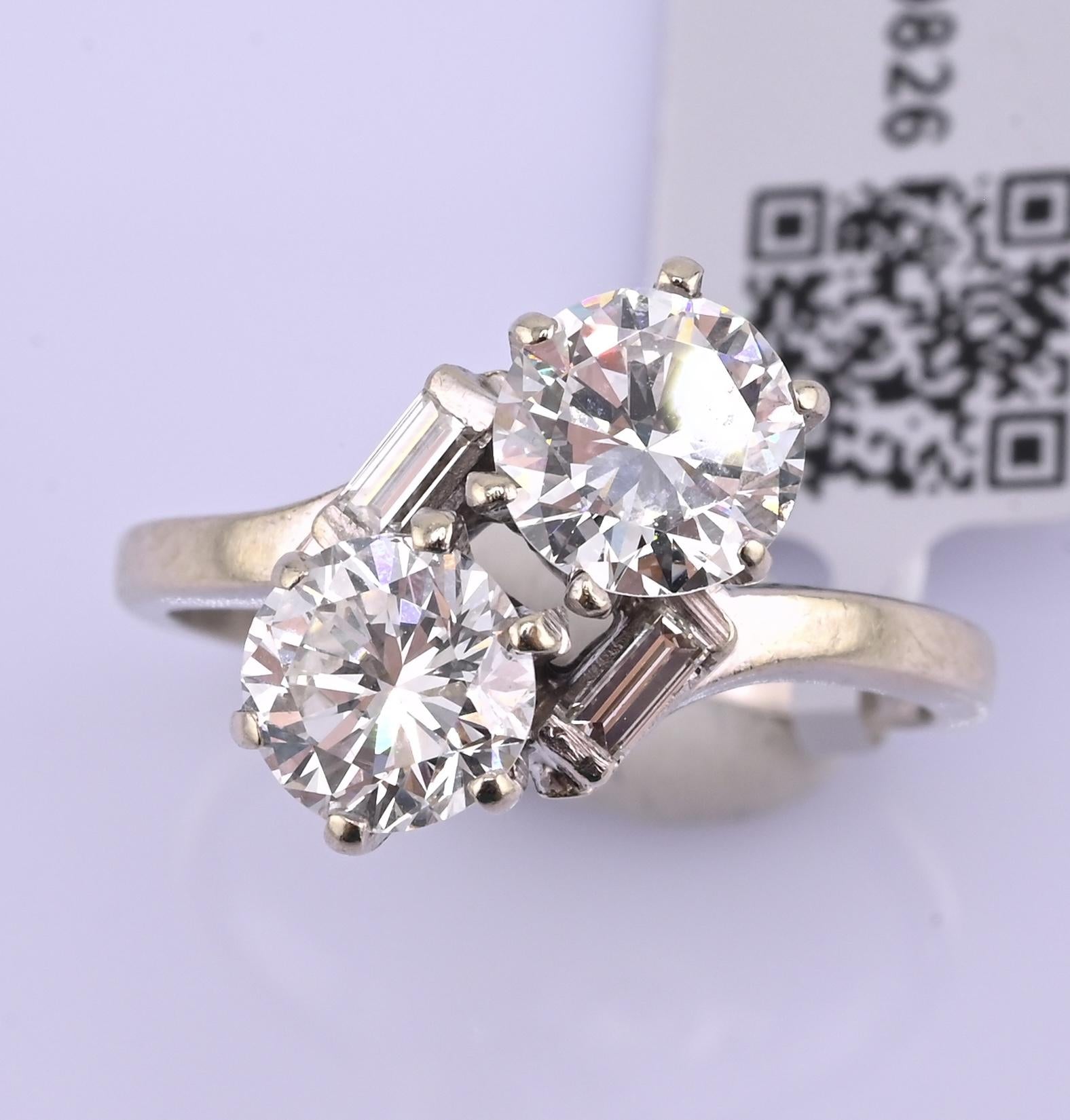 IGI Certified 14K White Gold Toi et Moi Natural Diamond Ring 1.65 CTW Size 5.25