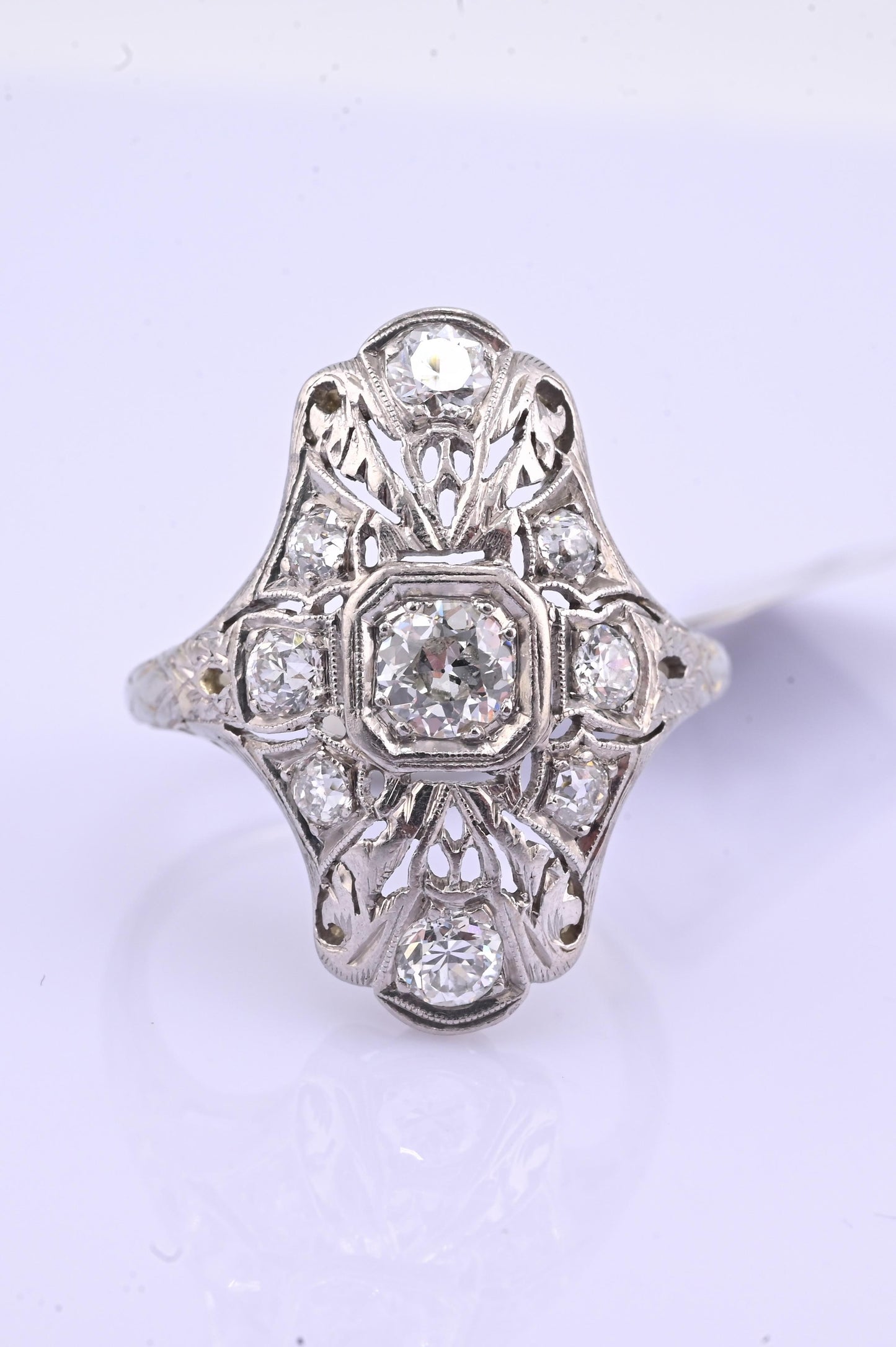 IGI Certified Art Deco 18K White Gold & Platinum Diamond Ring 0.90 CTW Size 7.25