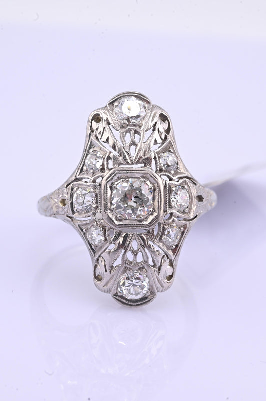 IGI Certified Art Deco 18K White Gold & Platinum Diamond Ring 0.90 CTW Size 7.25