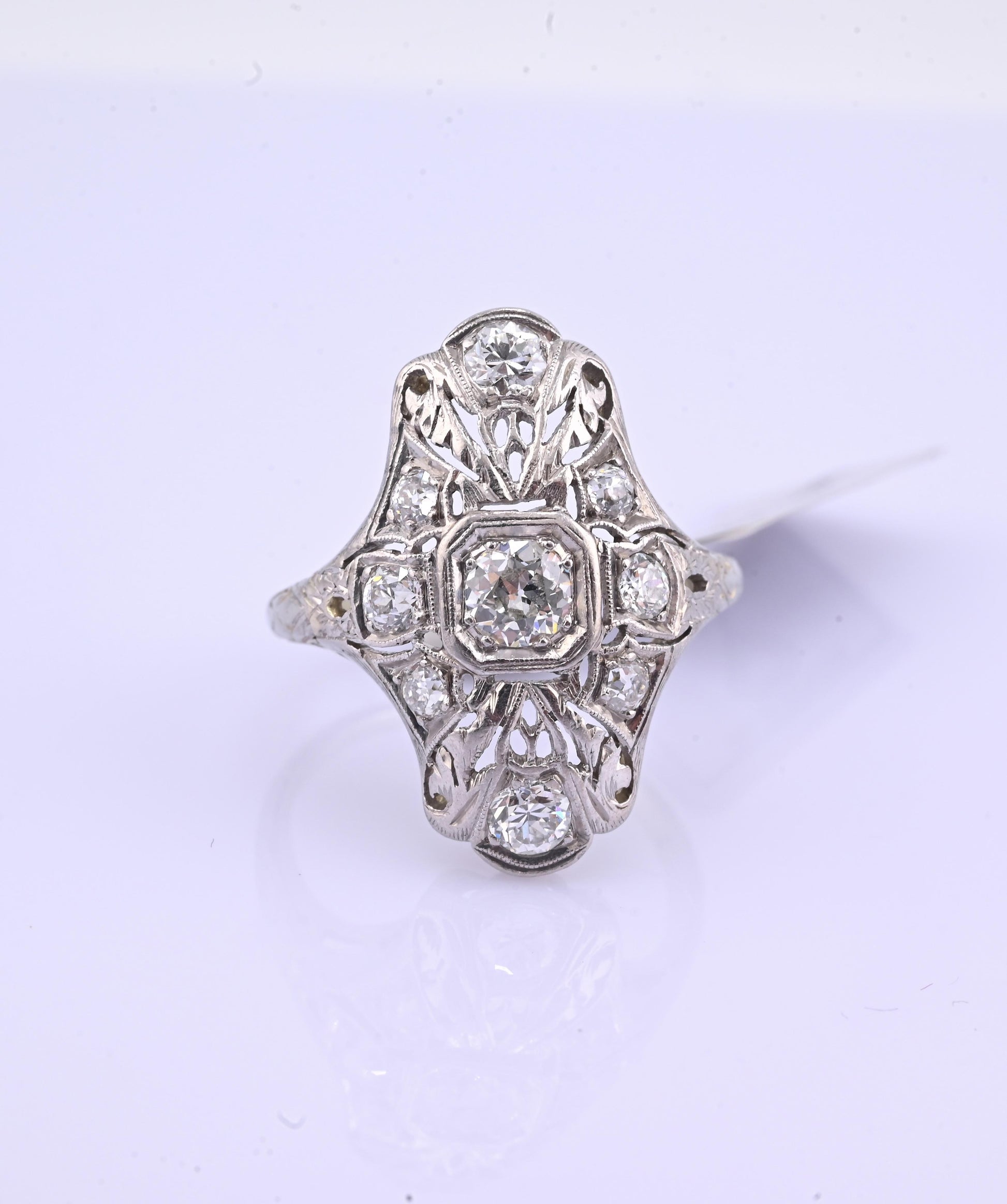 IGI Certified Art Deco 18K White Gold & Platinum Diamond Ring 0.90 CTW Size 7.25