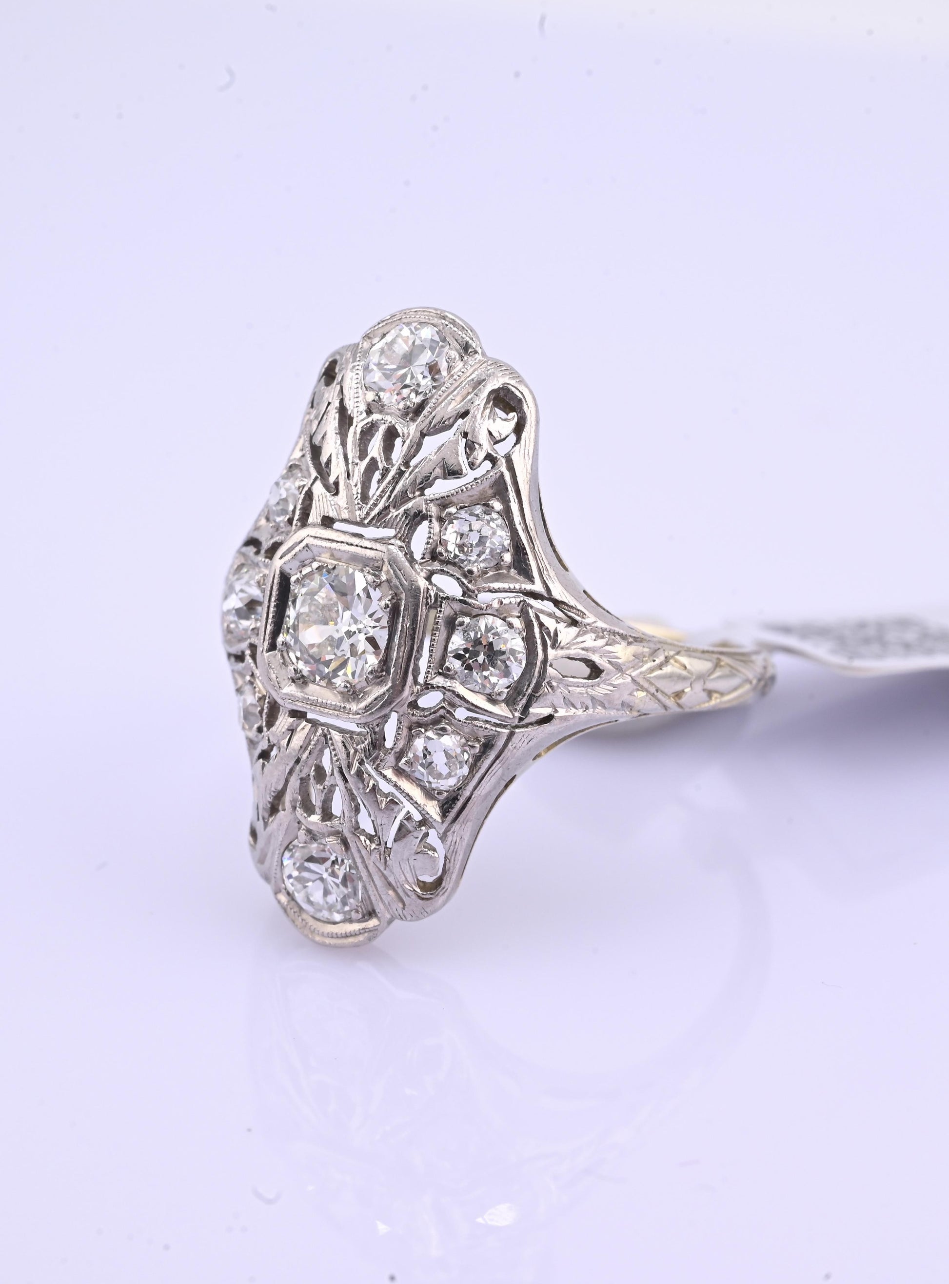 IGI Certified Art Deco 18K White Gold & Platinum Diamond Ring 0.90 CTW Size 7.25