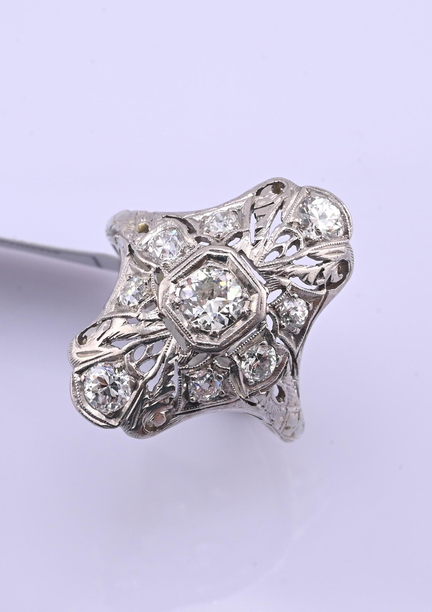 IGI Certified Art Deco 18K White Gold & Platinum Diamond Ring 0.90 CTW Size 7.25