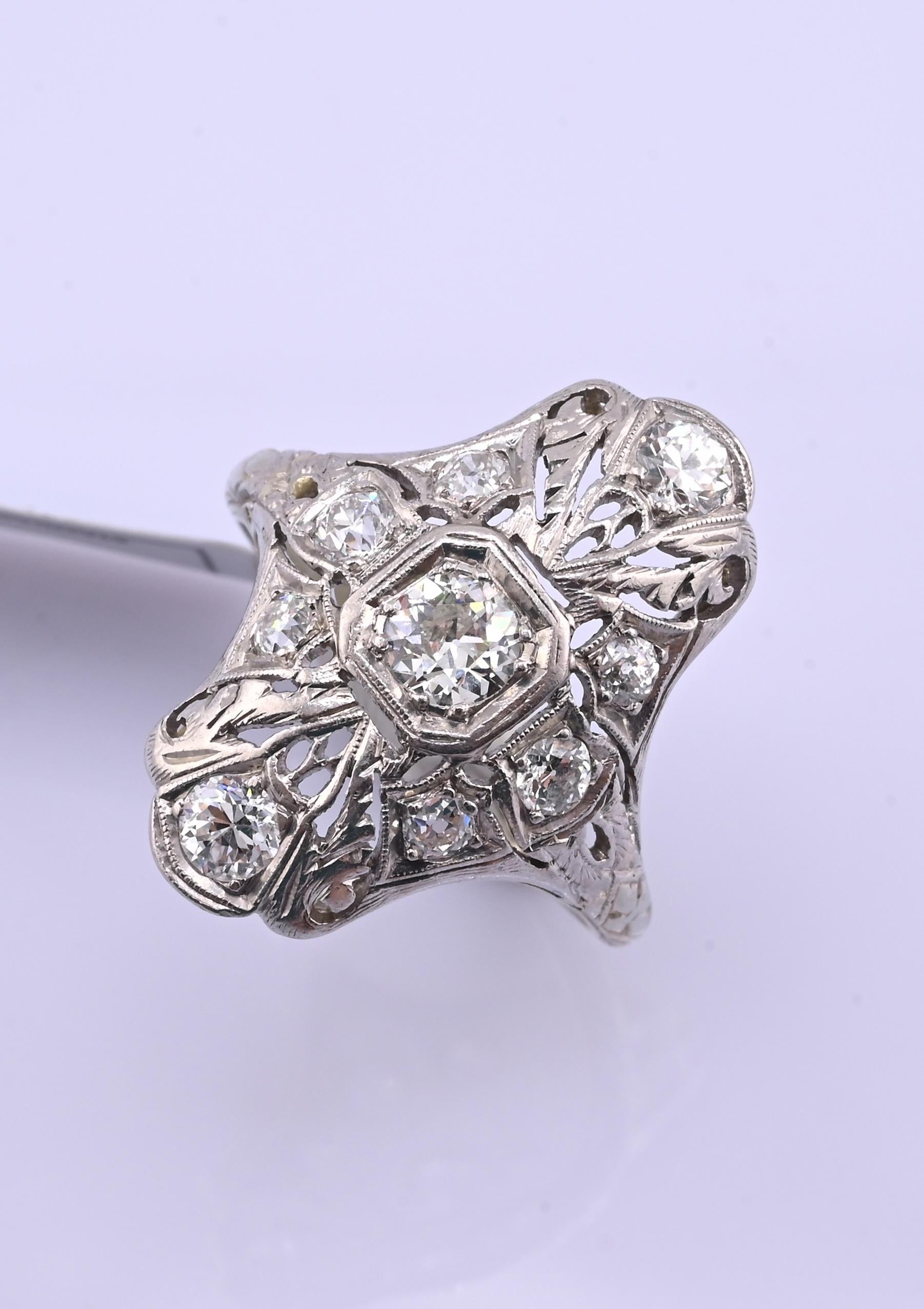 IGI Certified Art Deco 18K White Gold & Platinum Diamond Ring 0.90 CTW Size 7.25