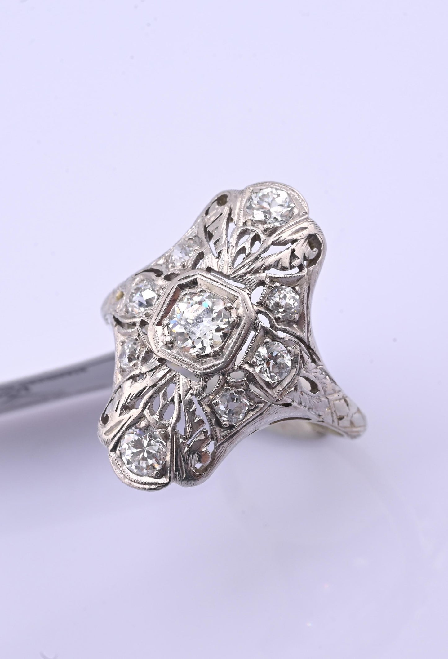 IGI Certified Art Deco 18K White Gold & Platinum Diamond Ring 0.90 CTW Size 7.25
