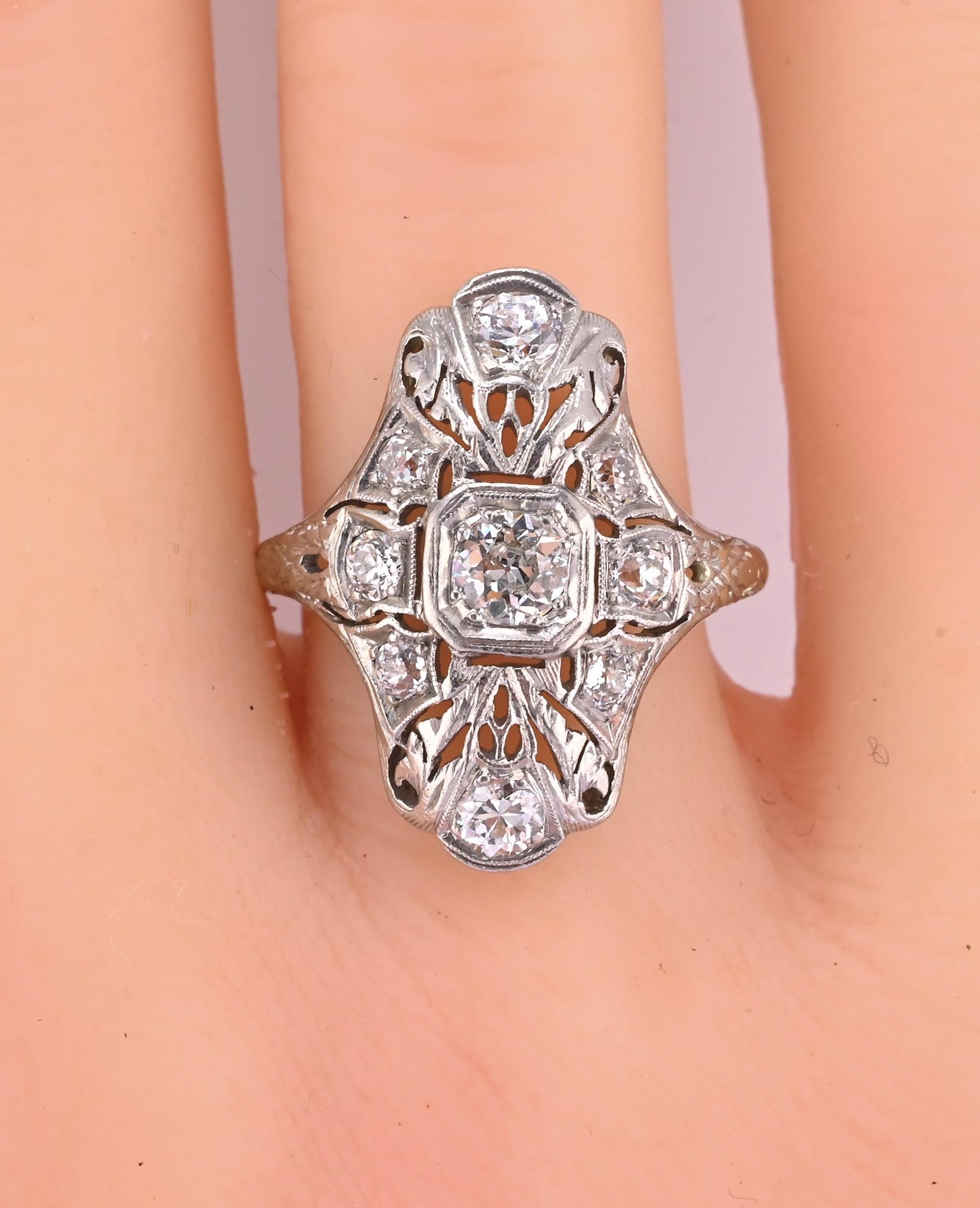 IGI Certified Art Deco 18K White Gold & Platinum Diamond Ring 0.90 CTW Size 7.25