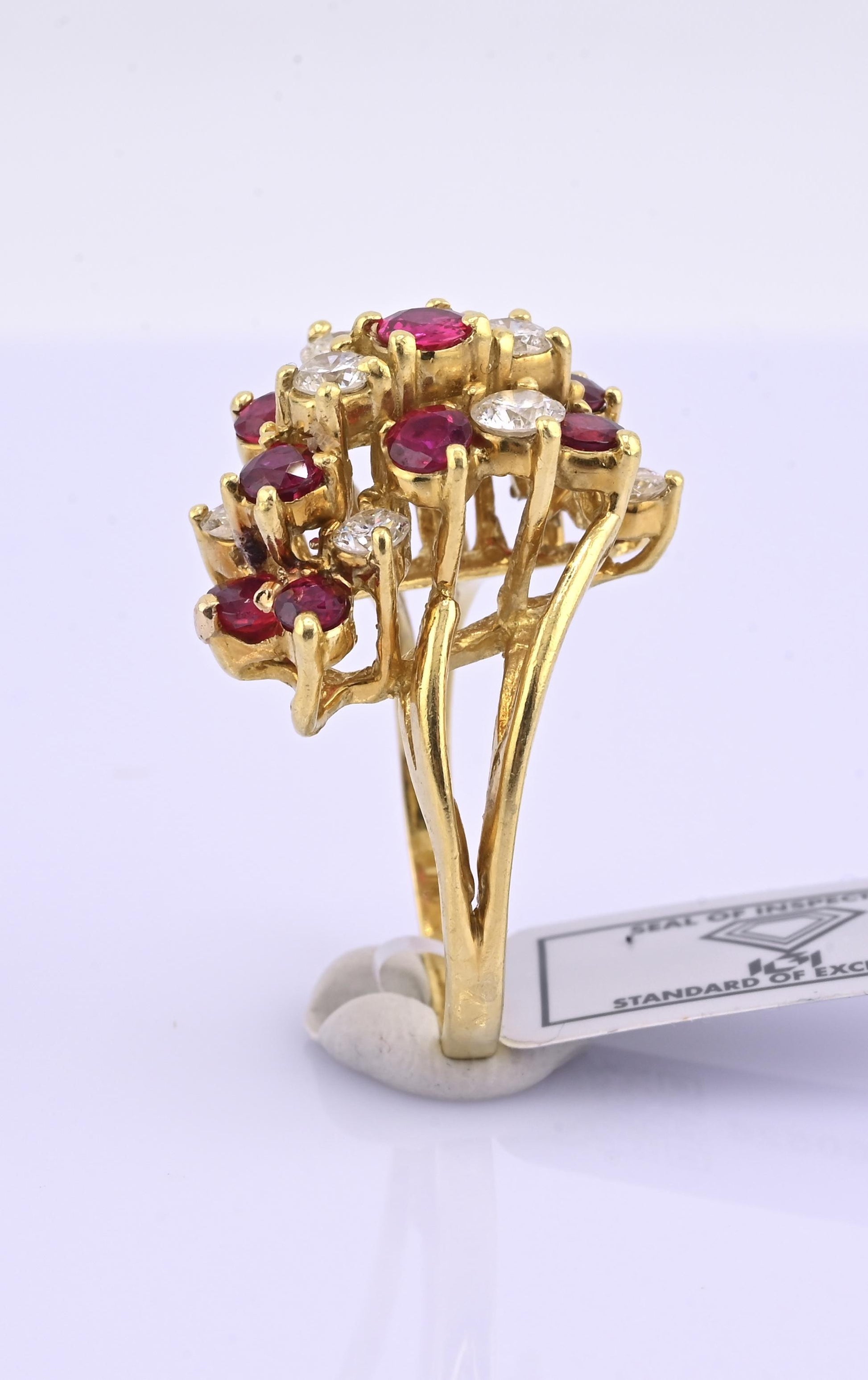 IGI Certified Vintage 18K Gold Ruby & Diamond Cluster Ring 2.60 CTW Size 6