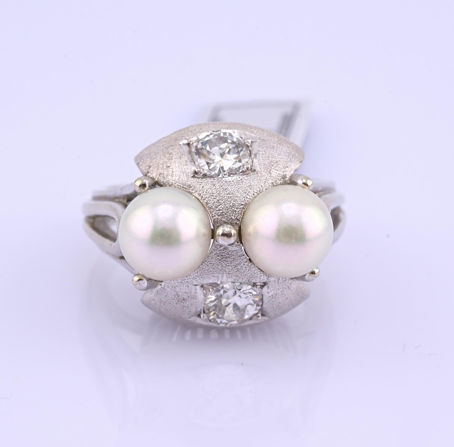14K White Gold Pearl & Diamond Ring Art Deco Style 0.65 CTW Size 7