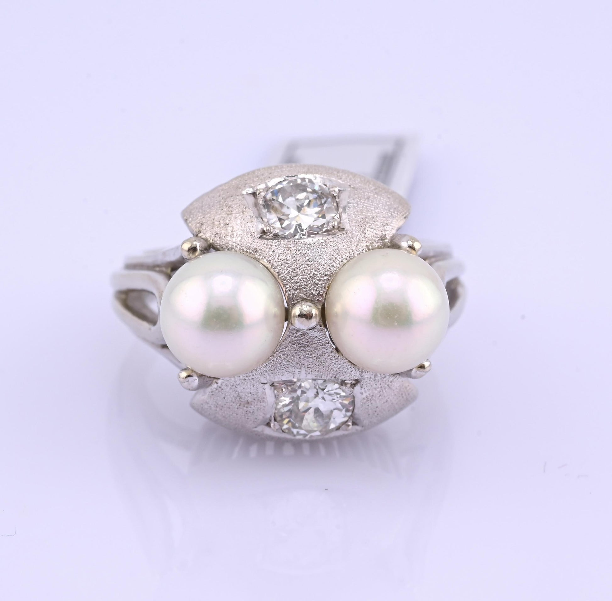 14K White Gold Pearl & Diamond Ring Art Deco Style 0.65 CTW Size 7