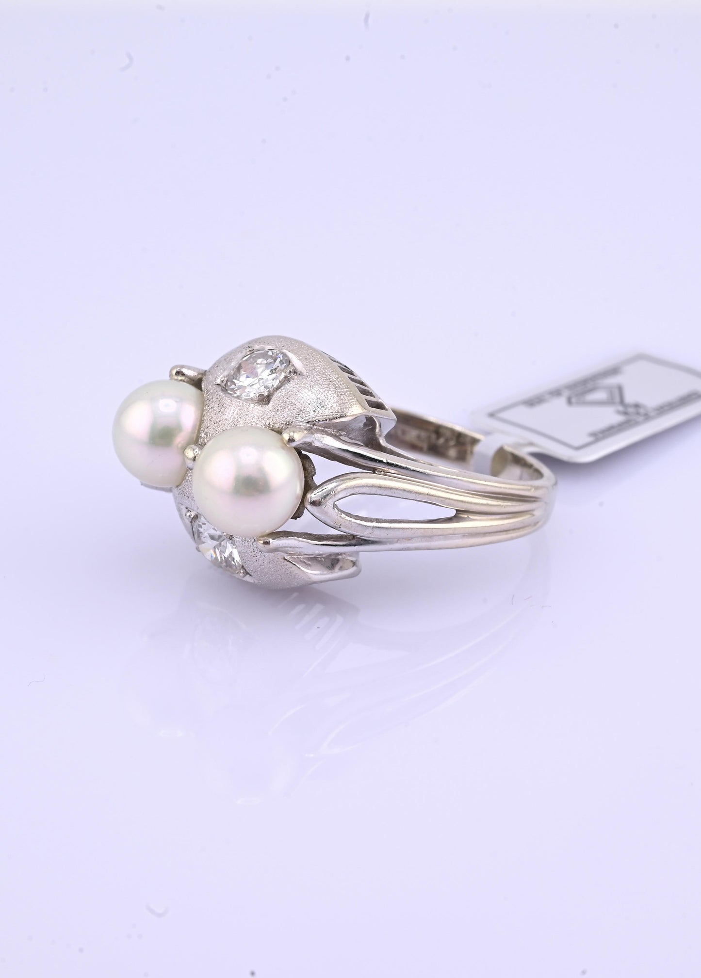 14K White Gold Pearl & Diamond Ring Art Deco Style 0.65 CTW Size 7