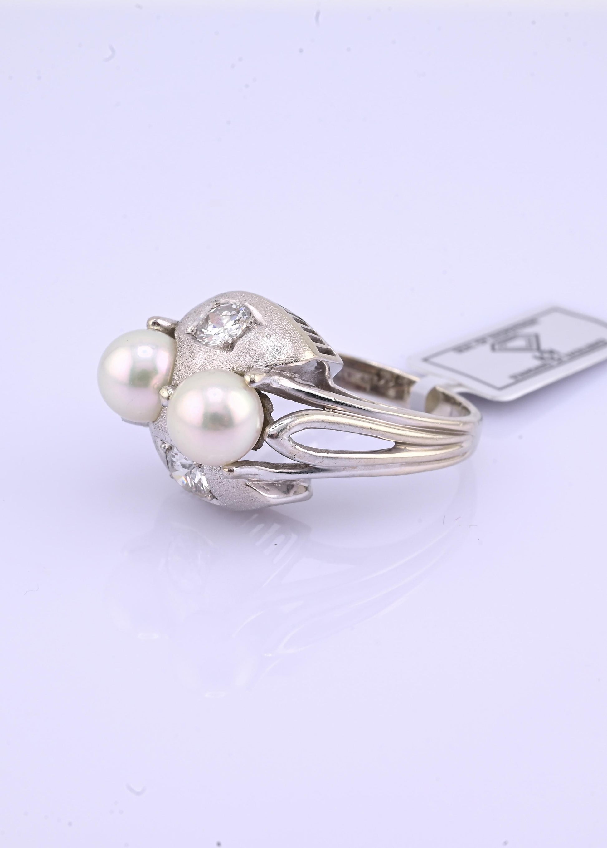14K White Gold Pearl & Diamond Ring Art Deco Style 0.65 CTW Size 7