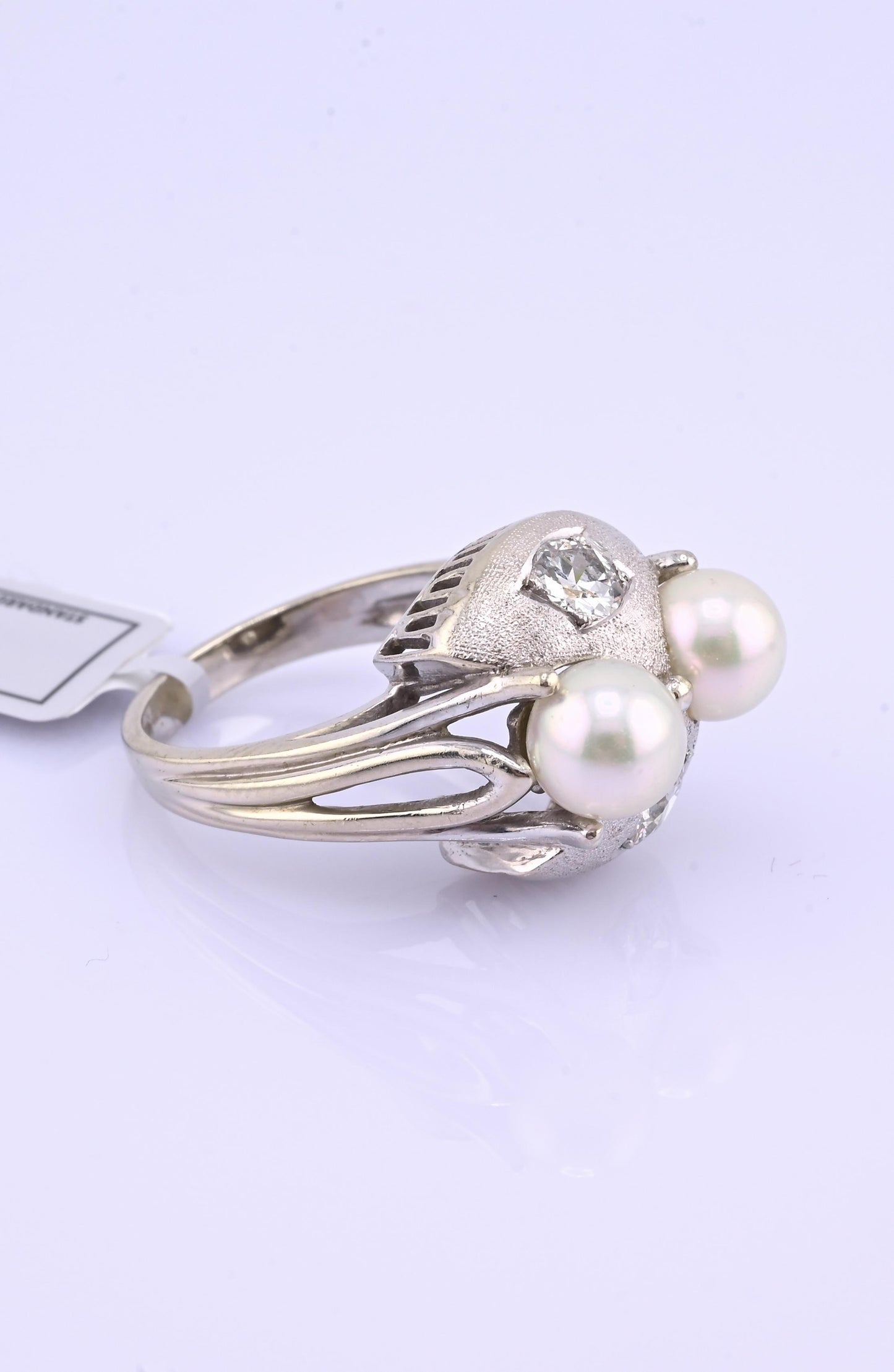 14K White Gold Pearl & Diamond Ring Art Deco Style 0.65 CTW Size 7