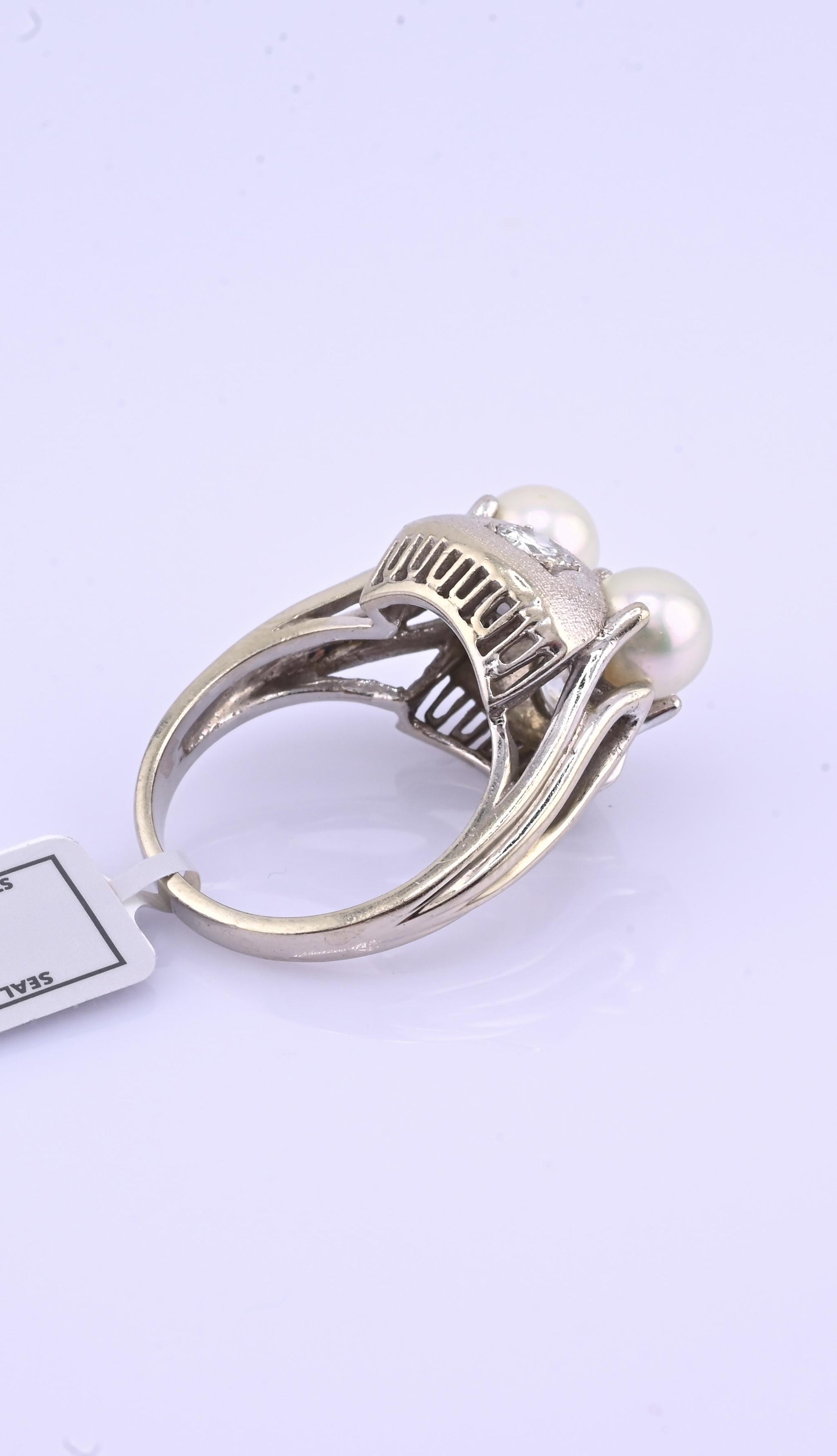 14K White Gold Pearl & Diamond Ring Art Deco Style 0.65 CTW Size 7