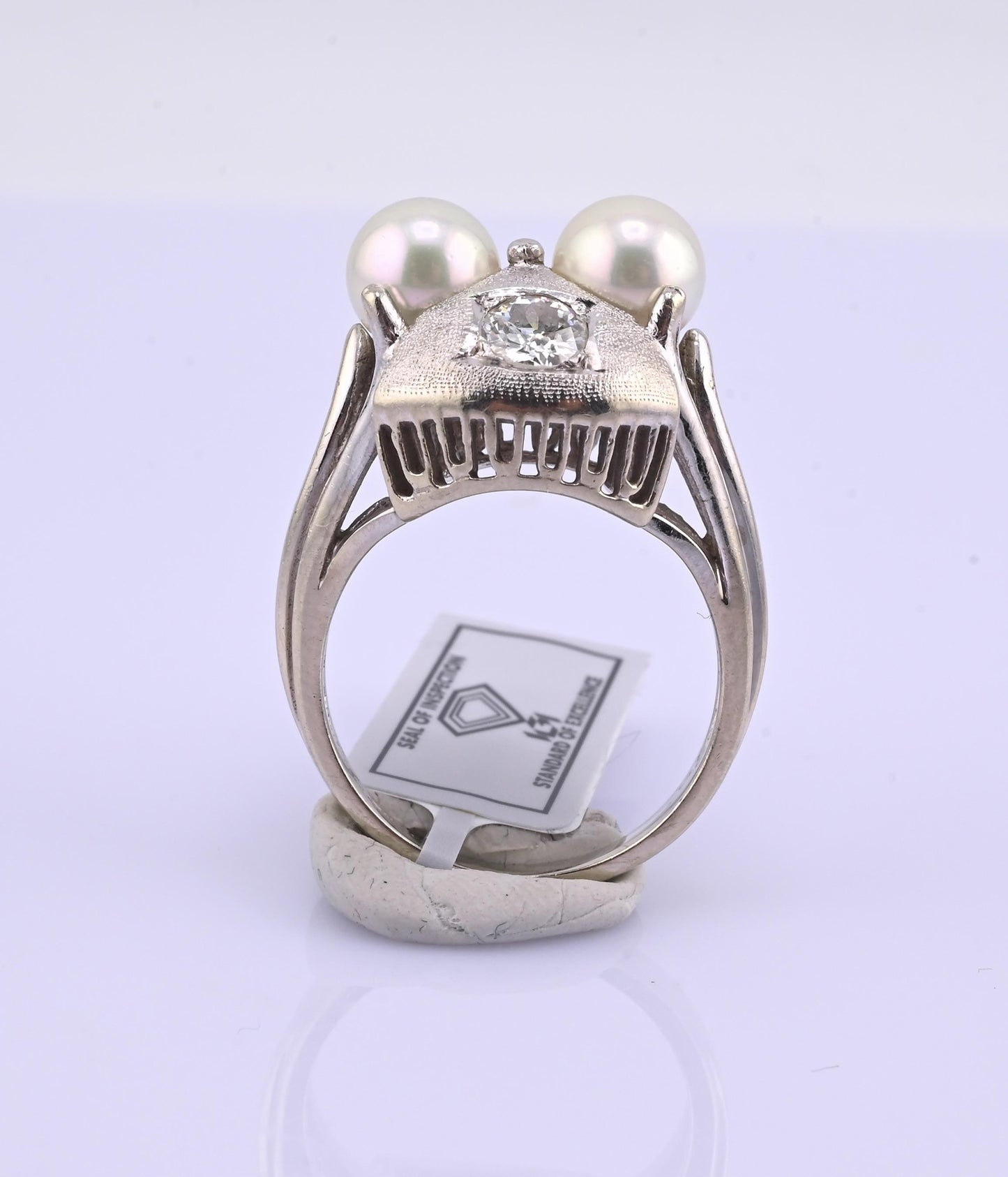 14K White Gold Pearl & Diamond Ring Art Deco Style 0.65 CTW Size 7