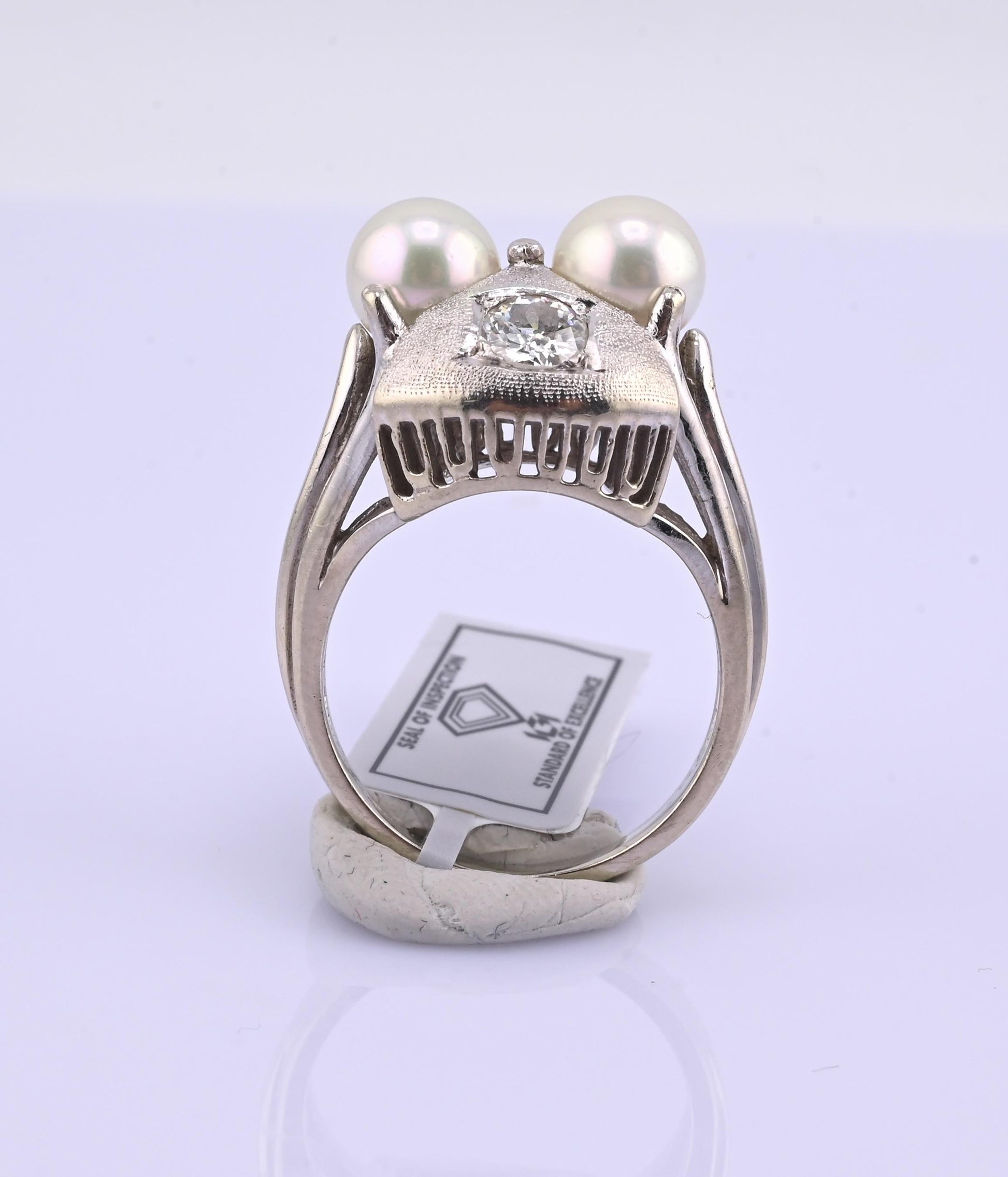 14K White Gold Pearl & Diamond Ring Art Deco Style 0.65 CTW Size 7