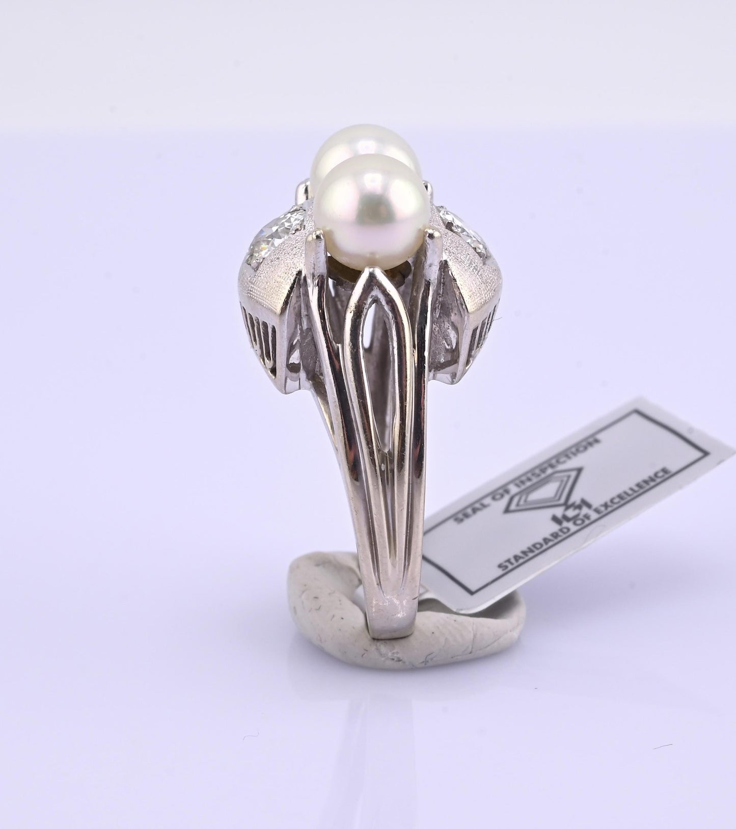14K White Gold Pearl & Diamond Ring Art Deco Style 0.65 CTW Size 7