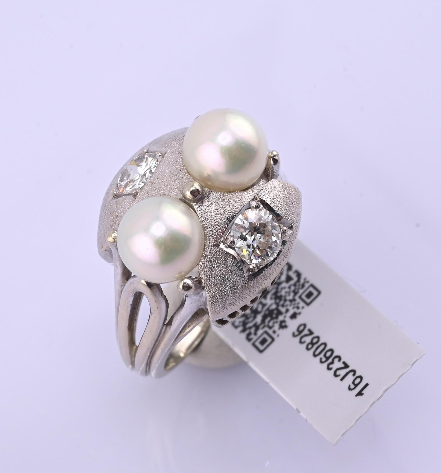 14K White Gold Pearl & Diamond Ring Art Deco Style 0.65 CTW Size 7
