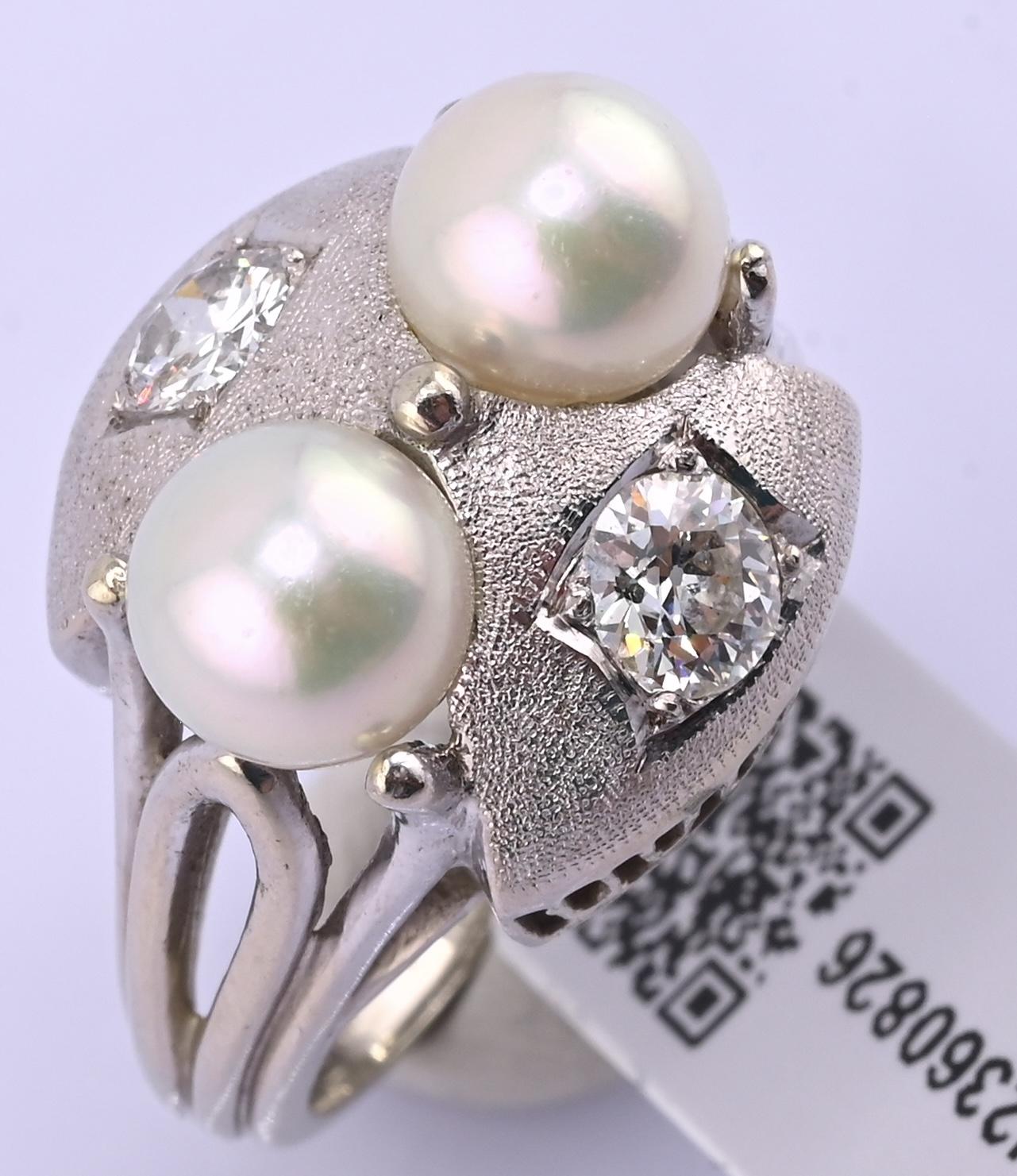 14K White Gold Pearl & Diamond Ring Art Deco Style 0.65 CTW Size 7