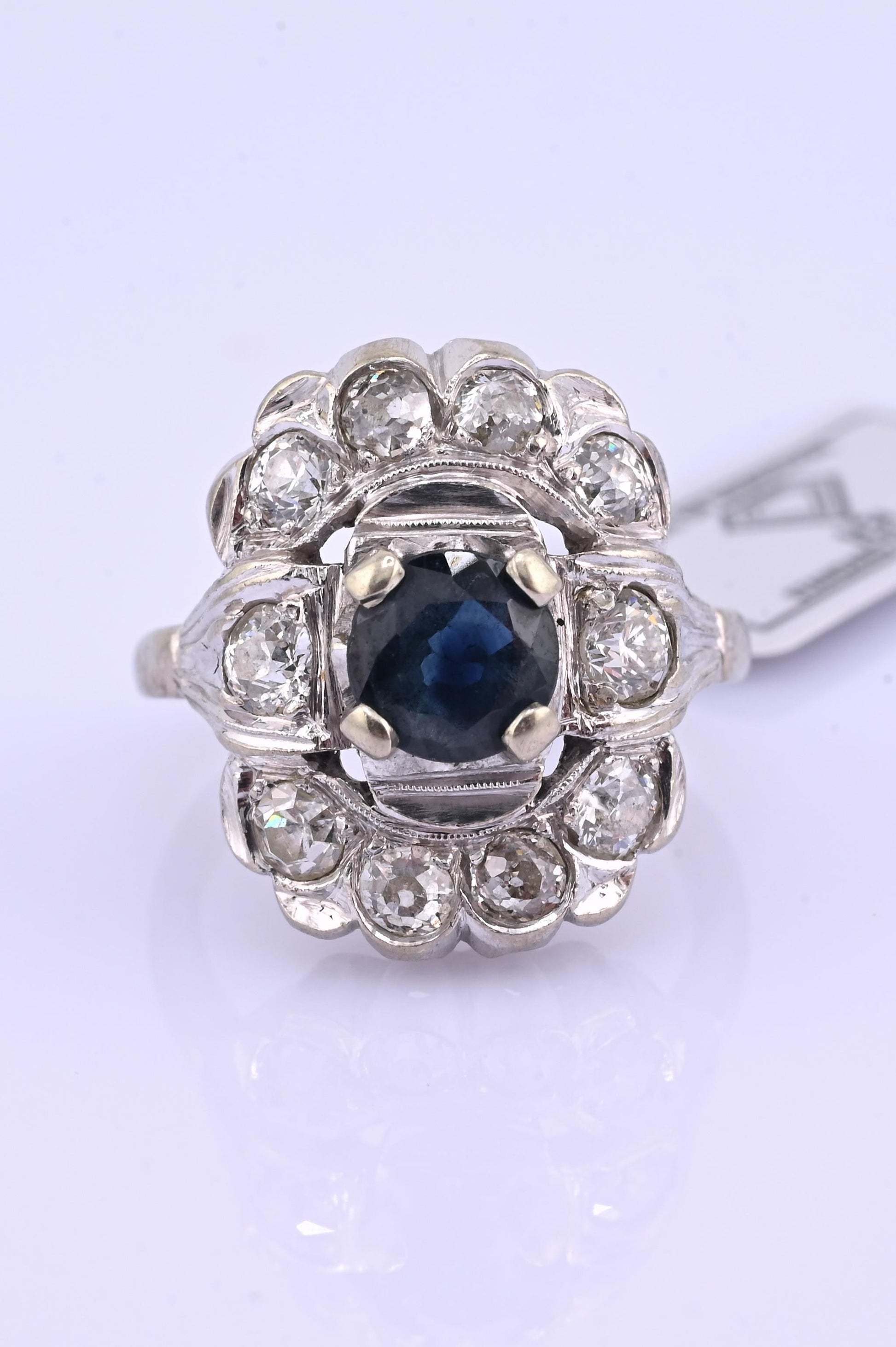 IGI Certified Art Deco 14K White Gold Sapphire & Diamond Ring 1.60 CTW Size 3.75