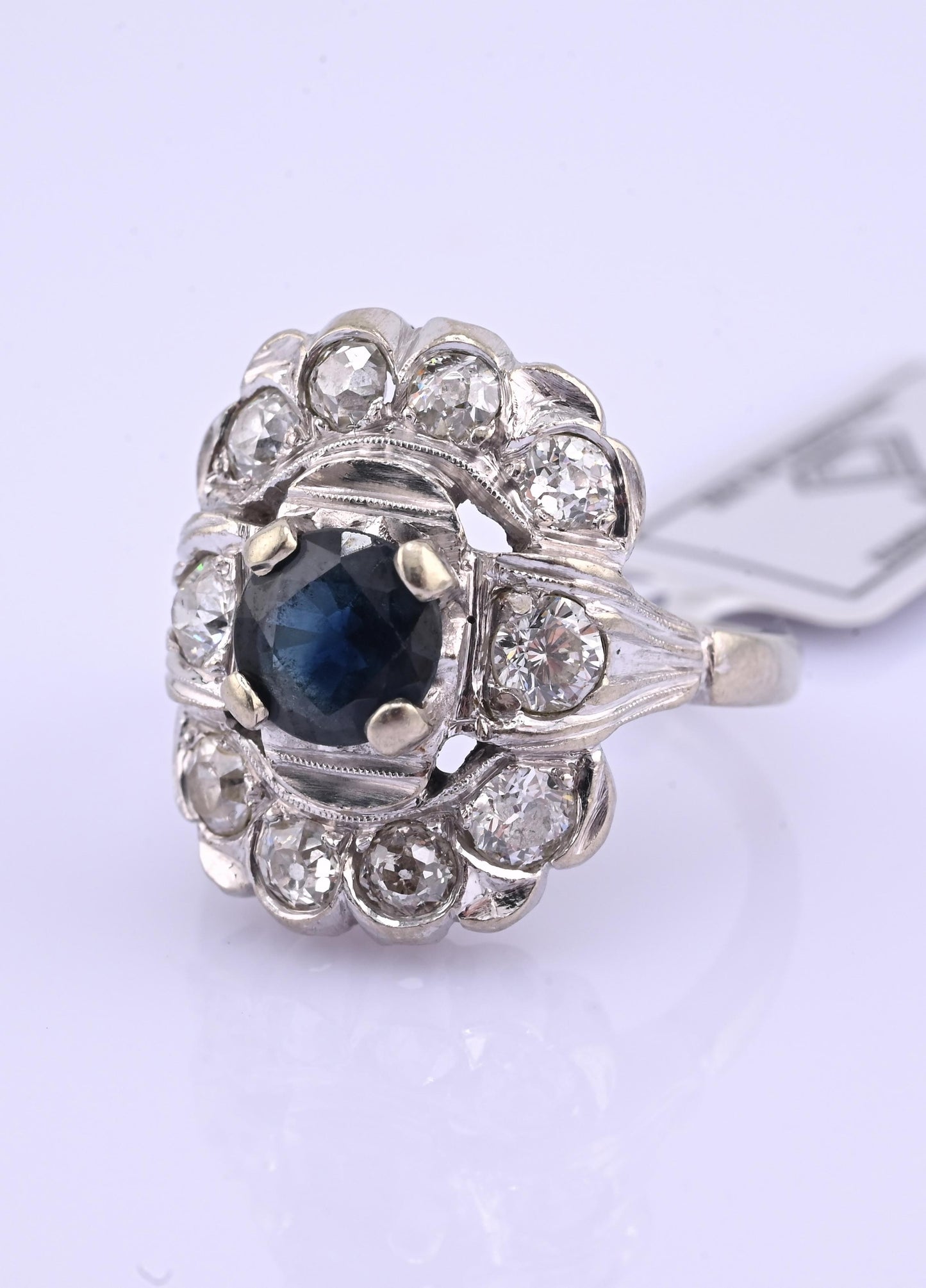 IGI Certified Art Deco 14K White Gold Sapphire & Diamond Ring 1.60 CTW Size 3.75