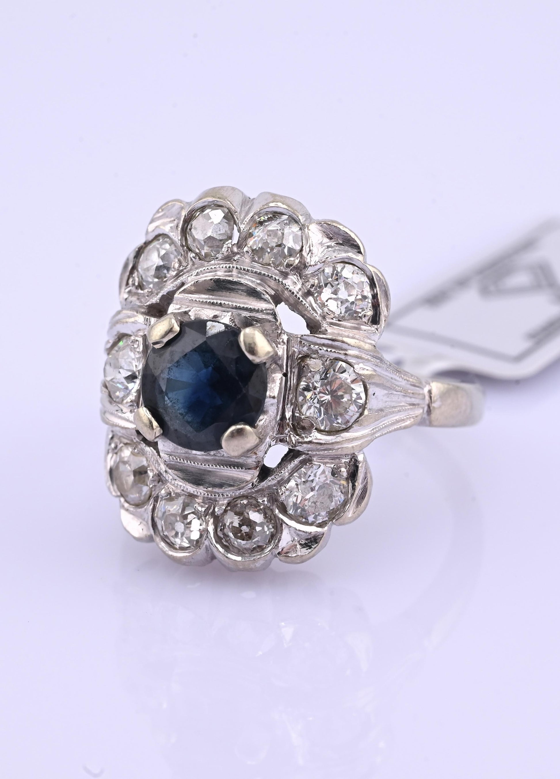IGI Certified Art Deco 14K White Gold Sapphire & Diamond Ring 1.60 CTW Size 3.75
