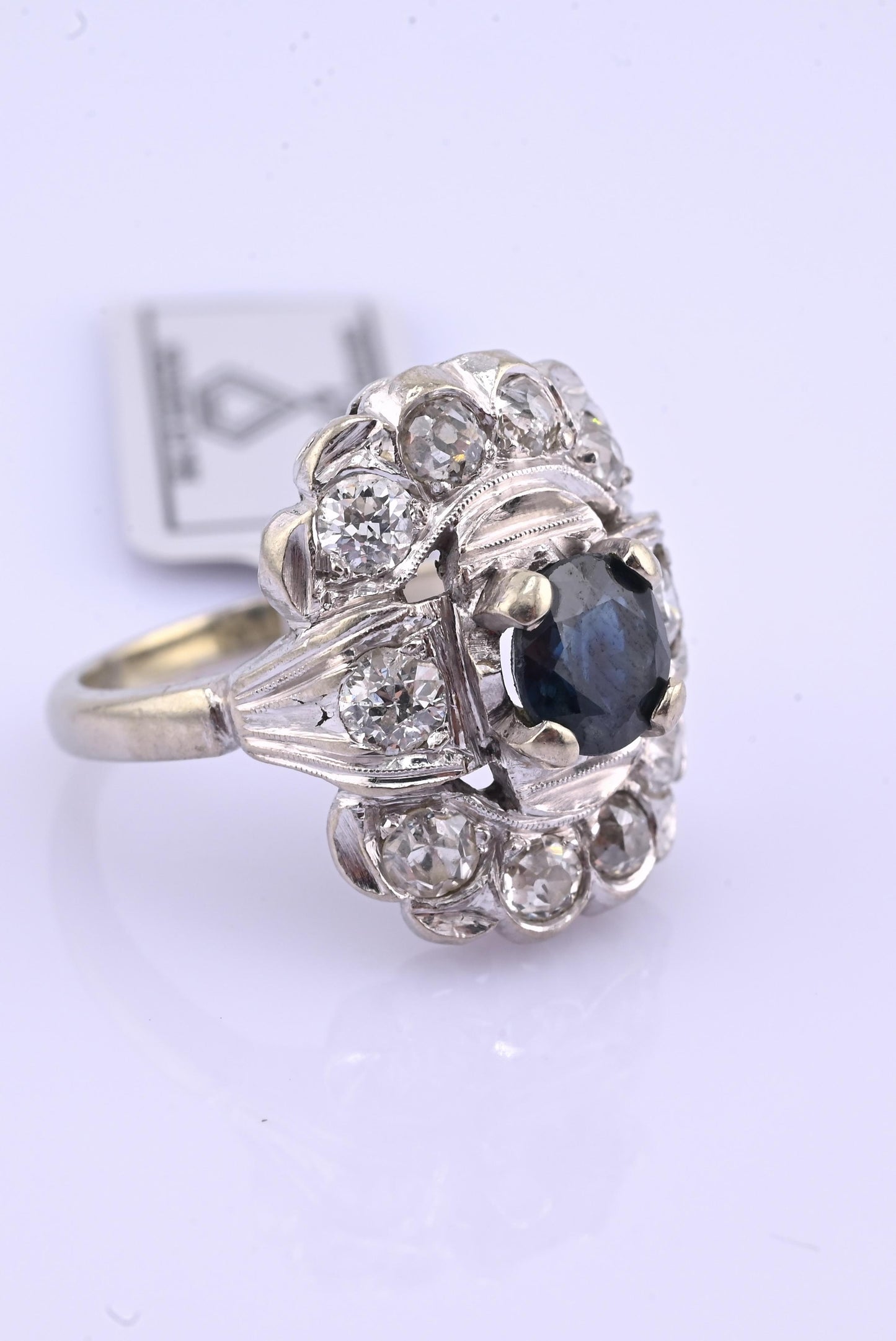 IGI Certified Art Deco 14K White Gold Sapphire & Diamond Ring 1.60 CTW Size 3.75