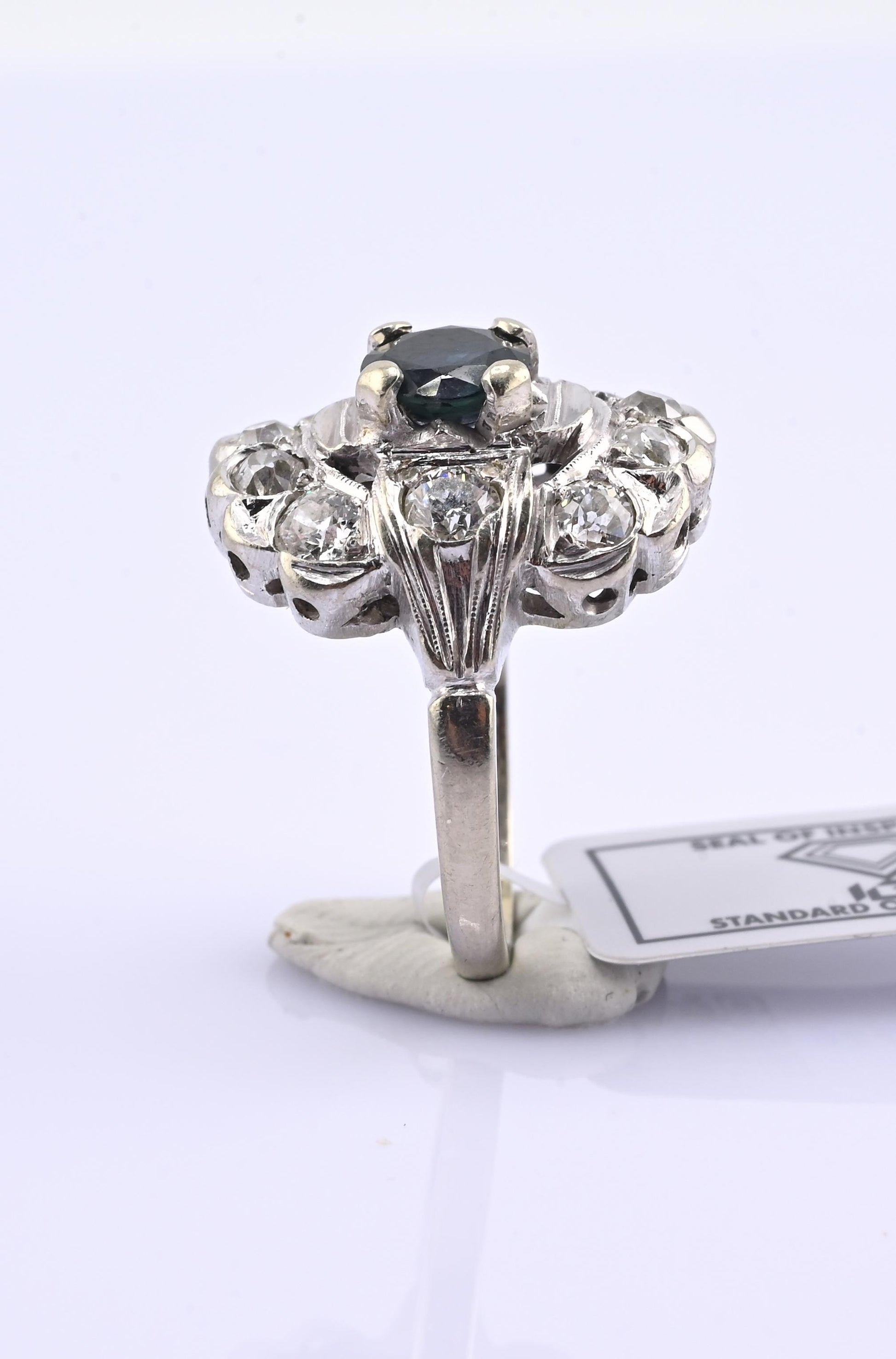 IGI Certified Art Deco 14K White Gold Sapphire & Diamond Ring 1.60 CTW Size 3.75