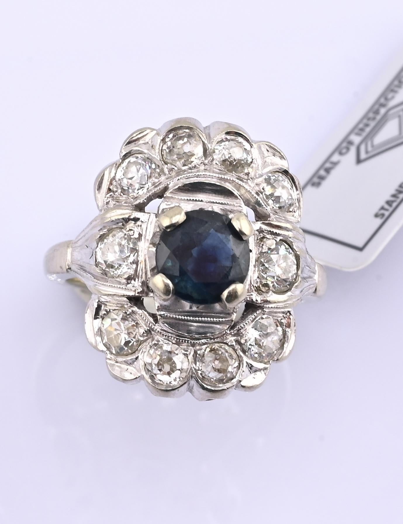 IGI Certified Art Deco 14K White Gold Sapphire & Diamond Ring 1.60 CTW Size 3.75
