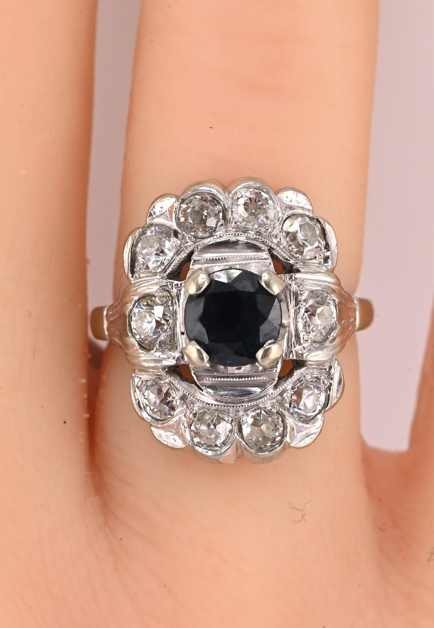 IGI Certified Art Deco 14K White Gold Sapphire & Diamond Ring 1.60 CTW Size 3.75