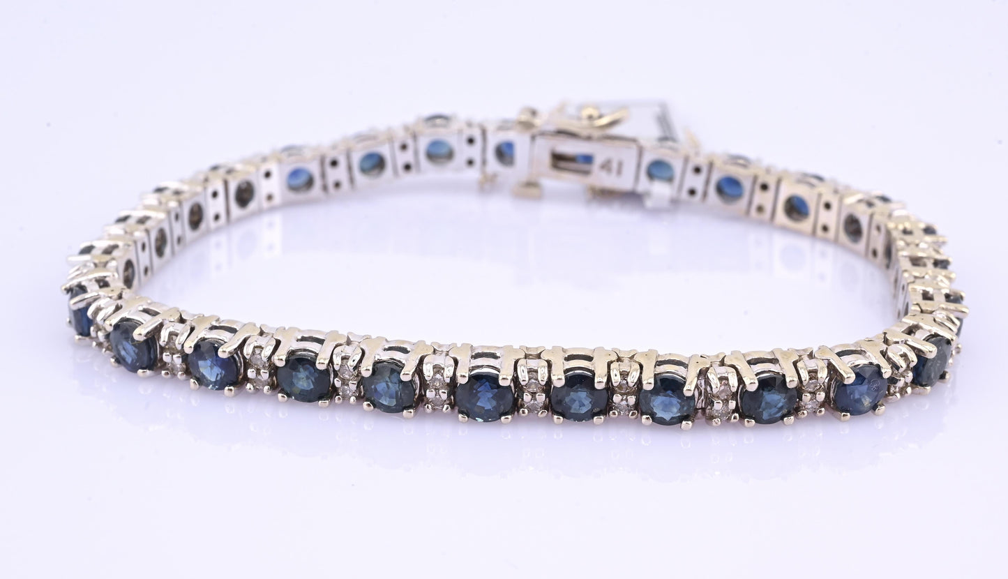 IGI Certified 14K White Gold Sapphire & Diamond Tennis Bracelet 9.10 CTW 7”