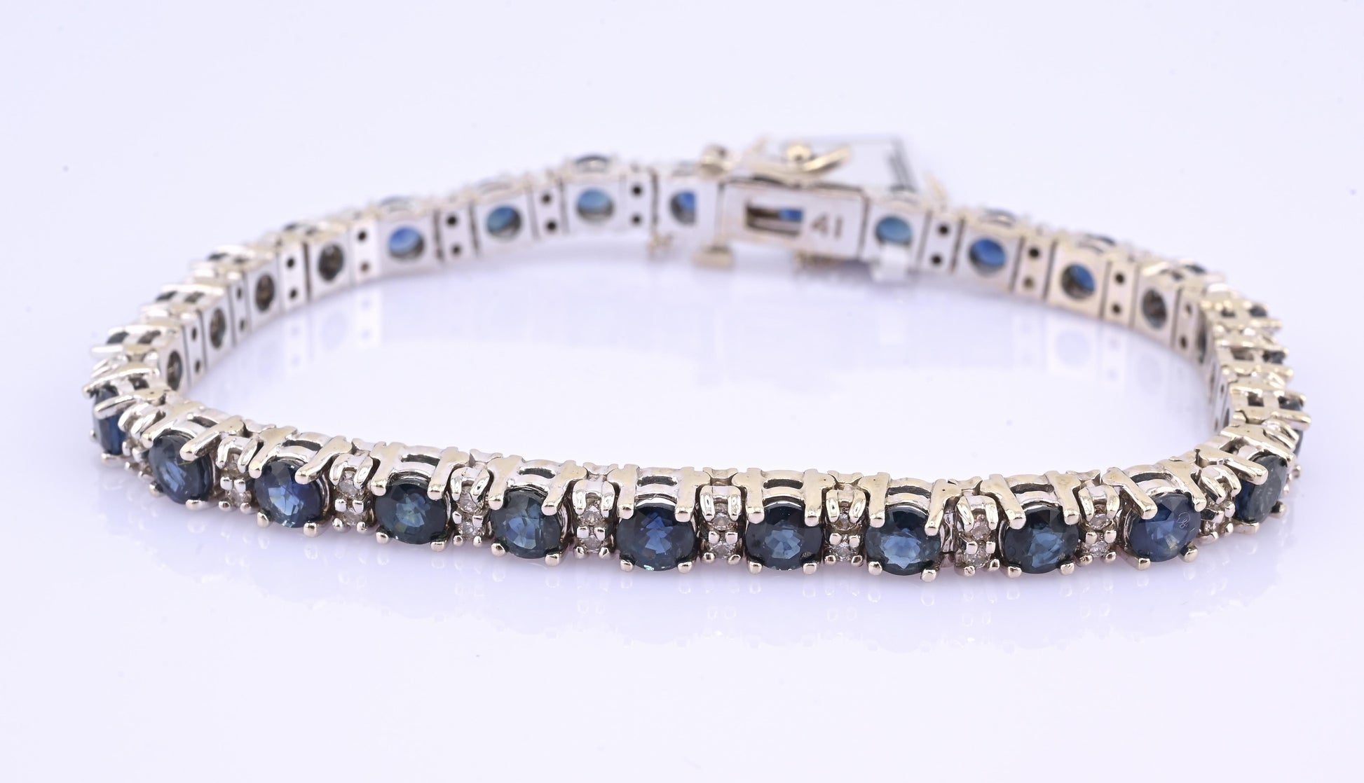 IGI Certified 14K White Gold Sapphire & Diamond Tennis Bracelet 9.10 CTW 7”