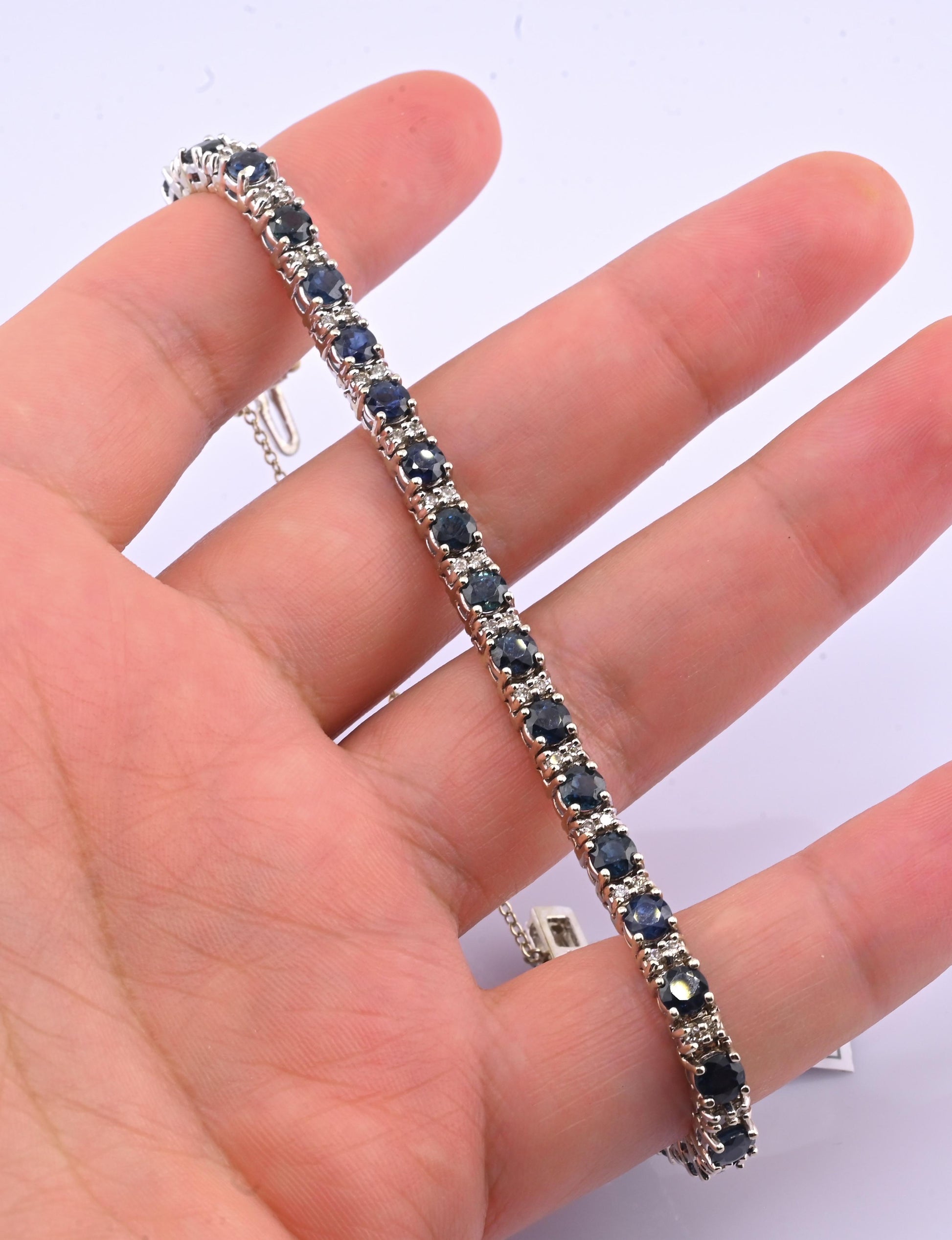 IGI Certified 14K White Gold Sapphire & Diamond Tennis Bracelet 9.10 CTW 7”