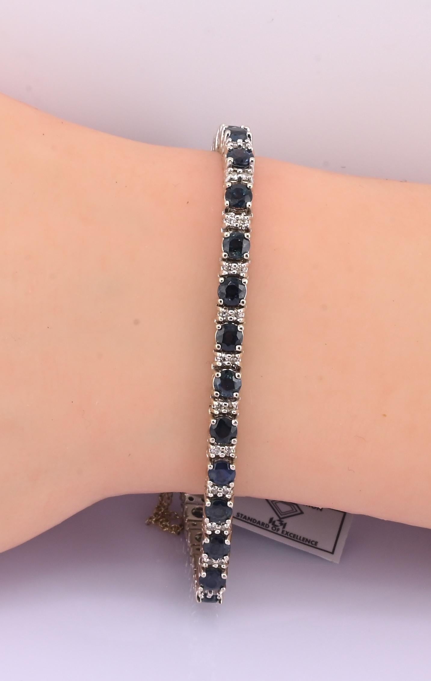IGI Certified 14K White Gold Sapphire & Diamond Tennis Bracelet 9.10 CTW 7”