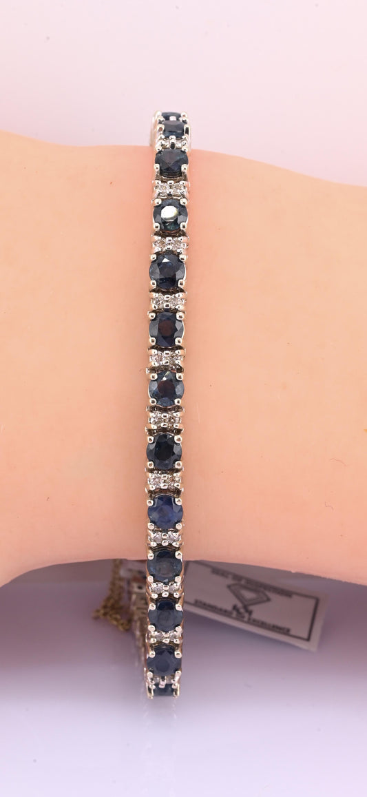 IGI Certified 14K White Gold Sapphire & Diamond Tennis Bracelet 9.10 CTW 7”