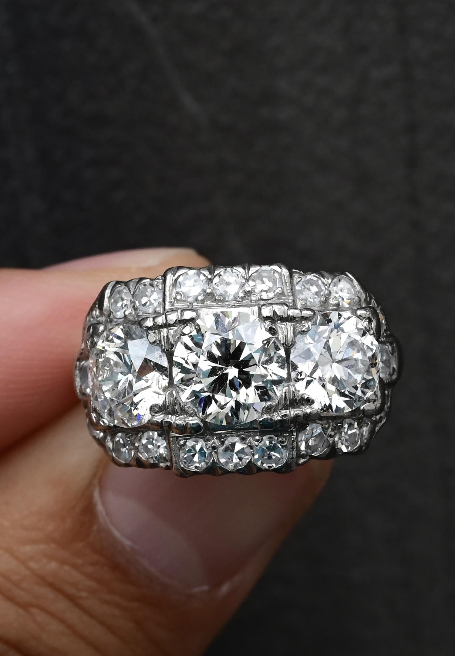 Art Deco Palladium Diamond Engagement Ring IGI Certified 3.75 TCW Ring Size 7.5