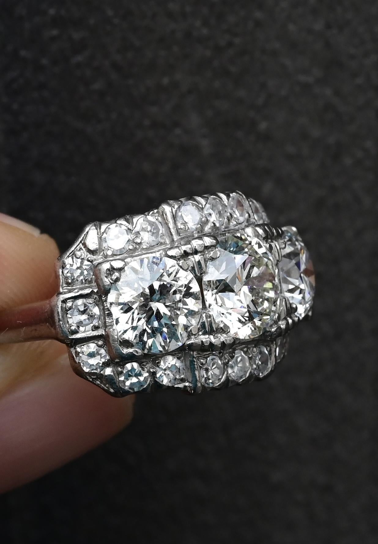 Art Deco Palladium Diamond Engagement Ring IGI Certified 3.75 TCW Ring Size 7.5