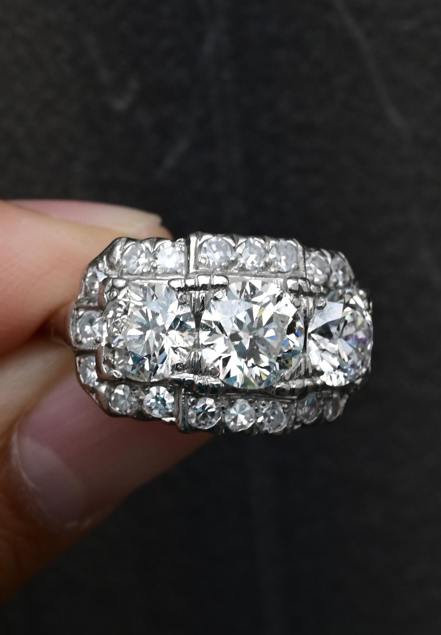 Art Deco Palladium Diamond Engagement Ring IGI Certified 3.75 TCW Ring Size 7.5