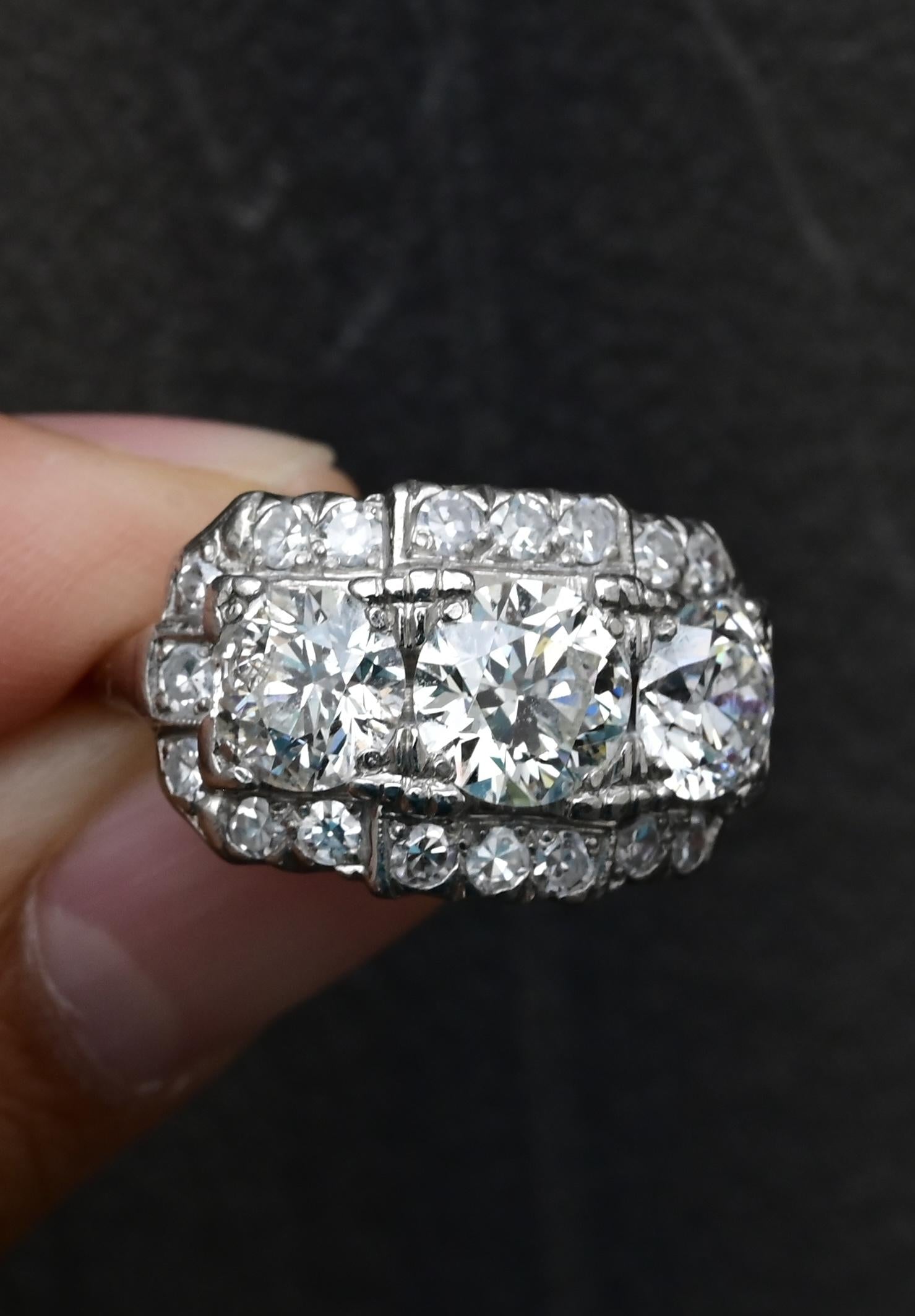 Art Deco Palladium Diamond Engagement Ring IGI Certified 3.75 TCW Ring Size 7.5