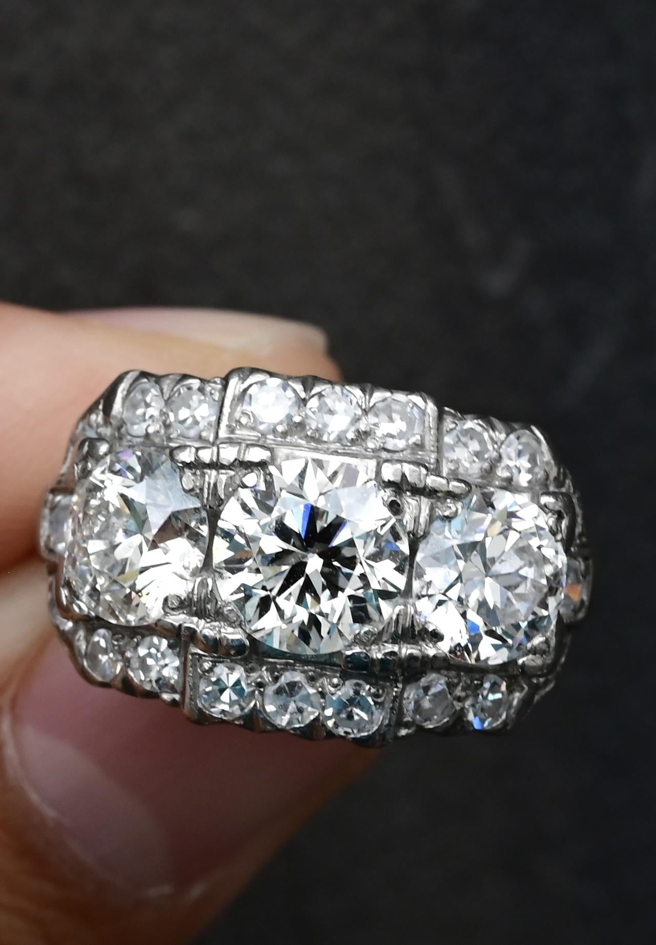 Art Deco Palladium Diamond Engagement Ring IGI Certified 3.75 TCW Ring Size 7.5