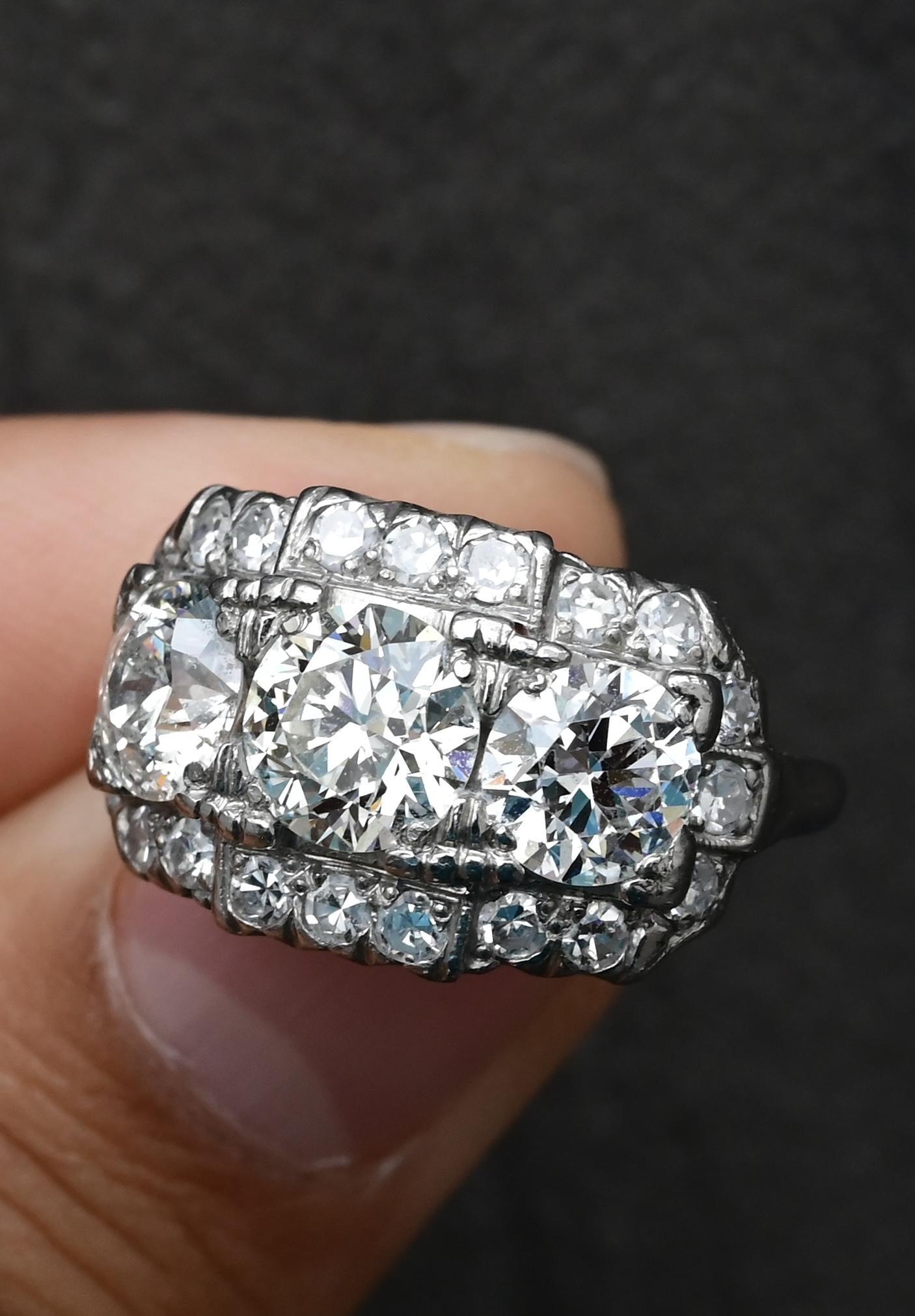 Art Deco Palladium Diamond Engagement Ring IGI Certified 3.75 TCW Ring Size 7.5